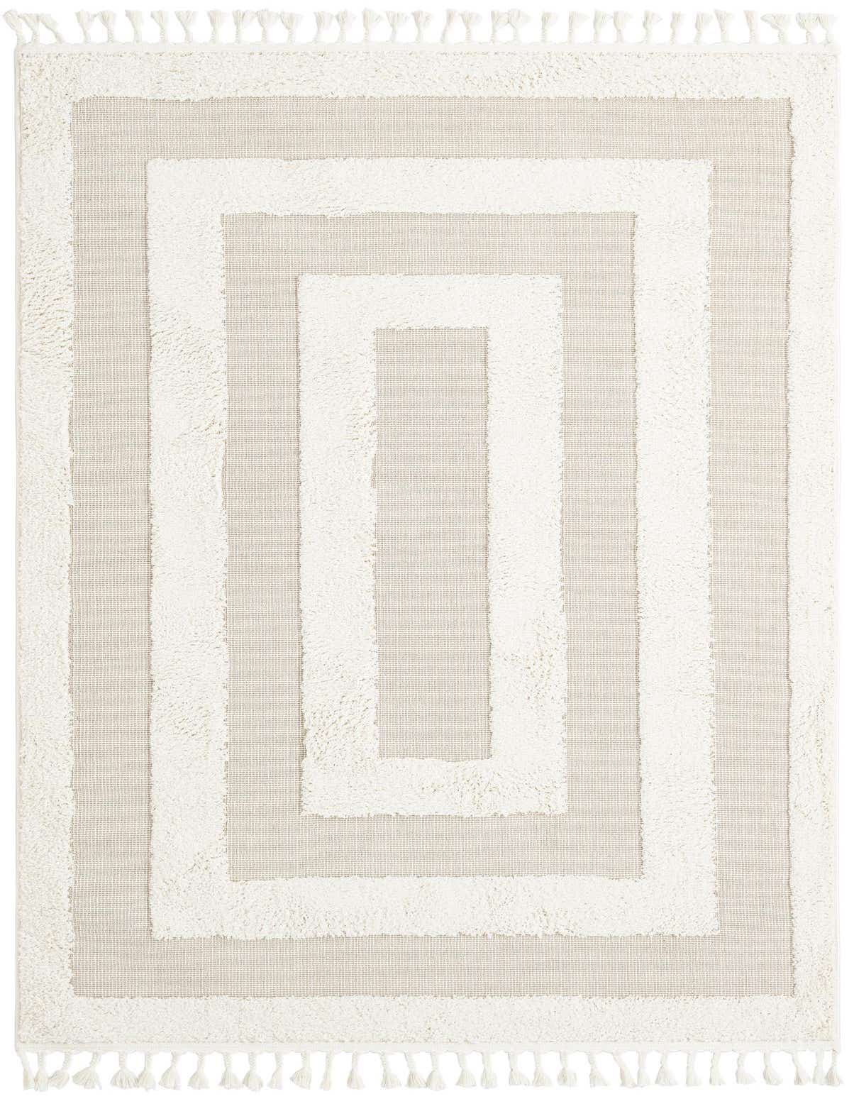 A 5x8 rectangular ivory and cream modern rug with a striped, textured pattern and decorative tassels.