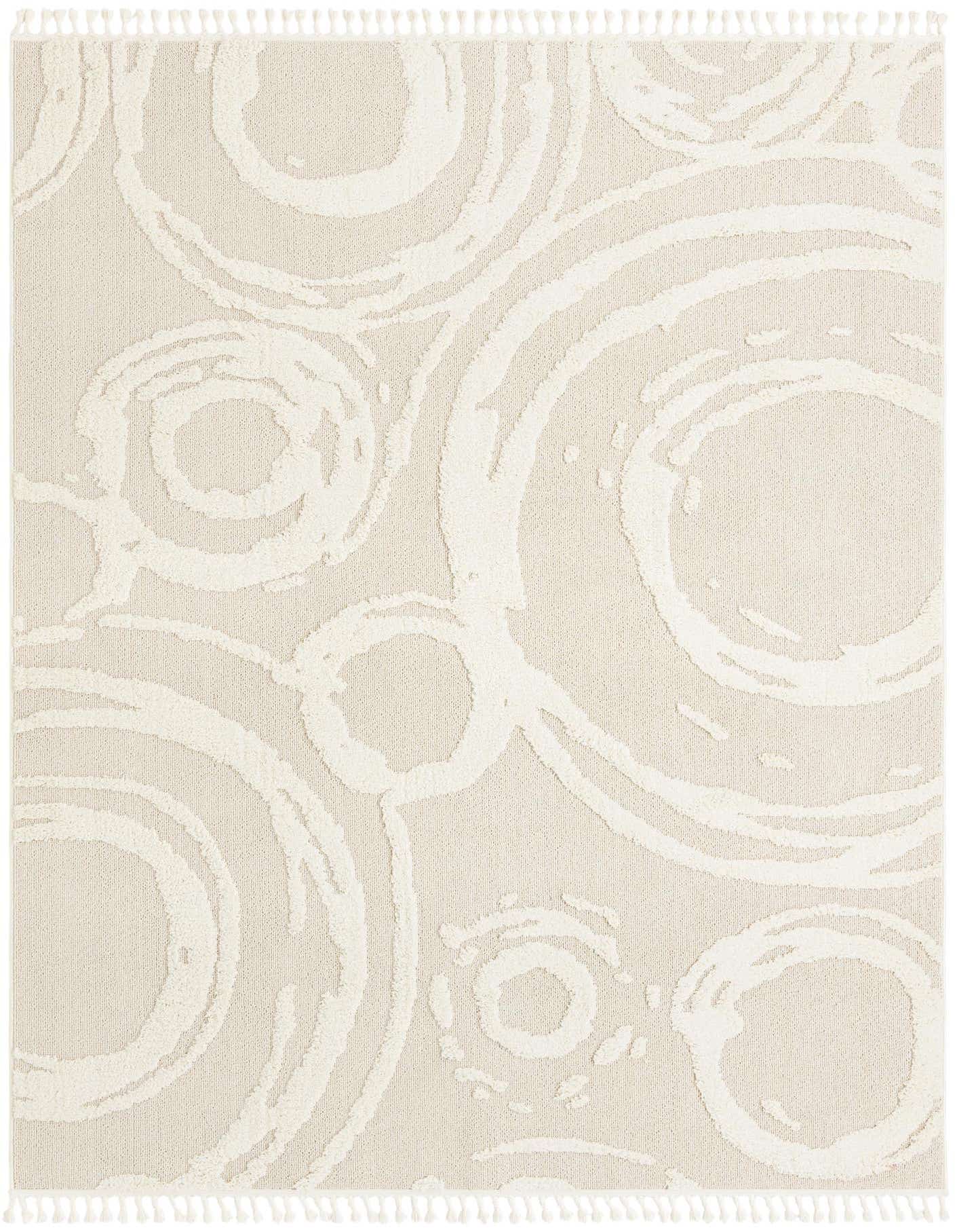A 10x14 rectangular ivory and white rug with an abstract, modern bohemian swirl pattern and fringed edges.
