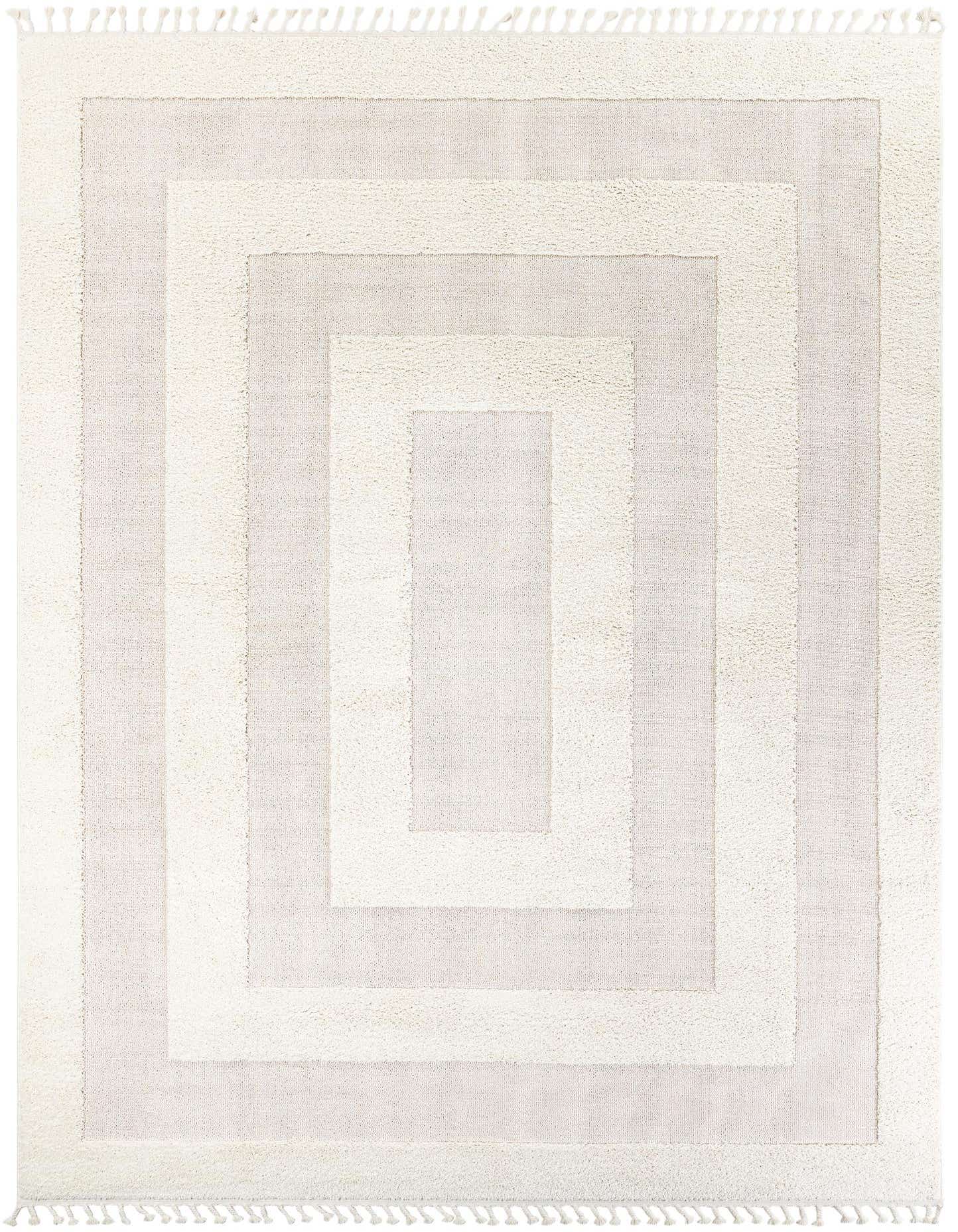 A 10x13 rectangular ivory and cream modern rug with a concentric rectangular pattern and short tassels.
