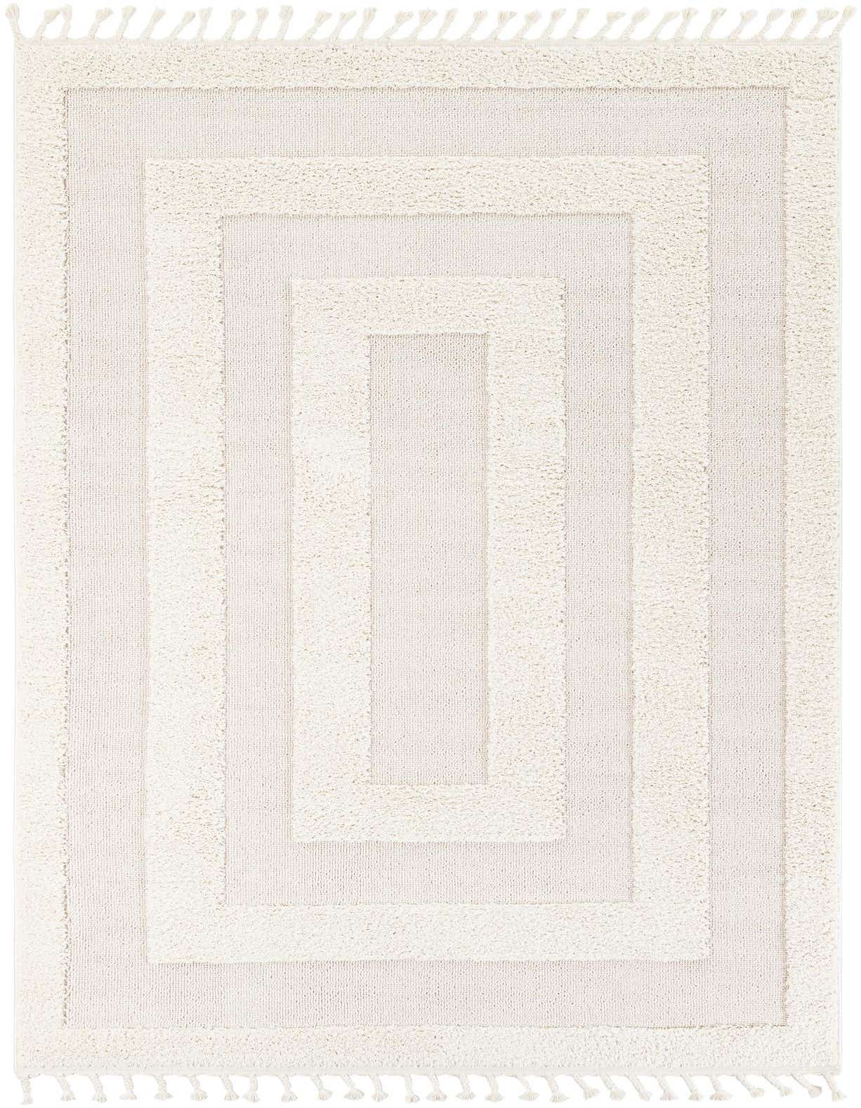 A 6x9 rectangular ivory modern rug with a textured geometric pattern of concentric rectangles and short tassels.