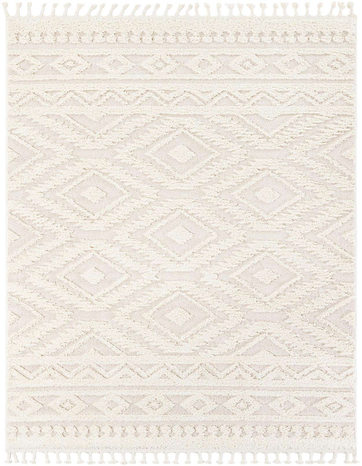 A 6x9 rectangular ivory modern rug with a textured geometric pattern and fringe on a white background.