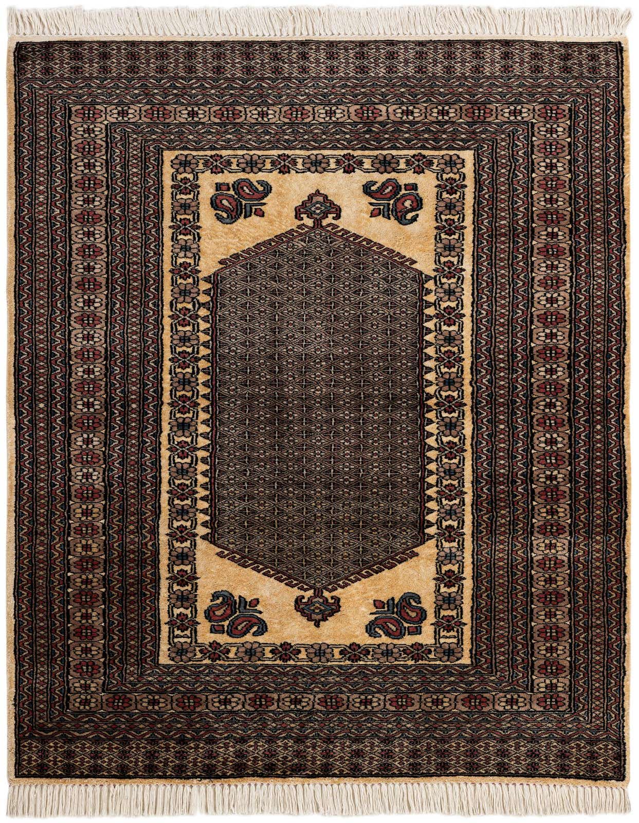 A 4x6 rectangular ivory Bokhara rug with a traditional tribal medallion pattern and fringe.