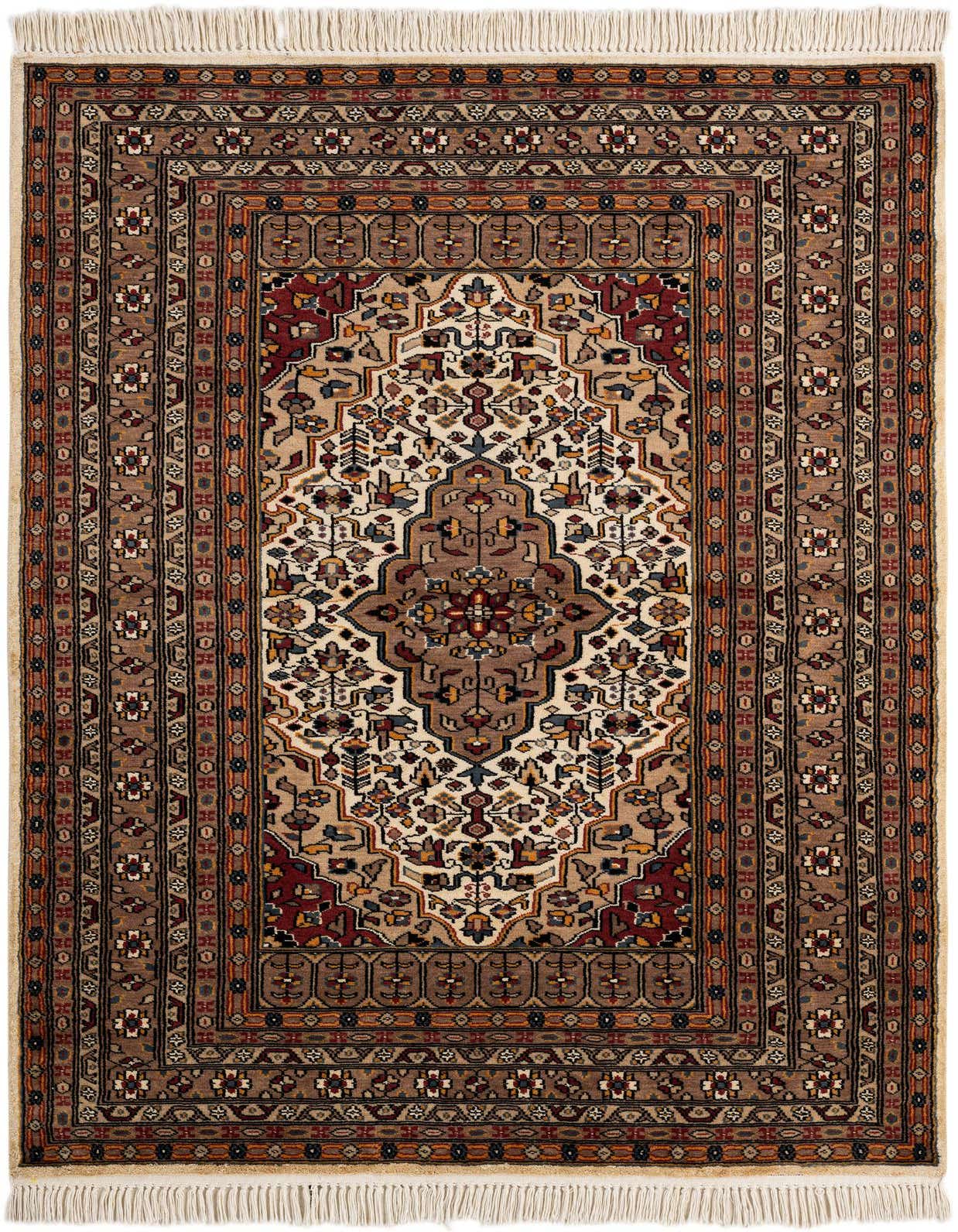 A 4x6 rectangular Bokhara rug with a central medallion in ivory, cream, and brown, featuring intricate traditional and tribal patterns.