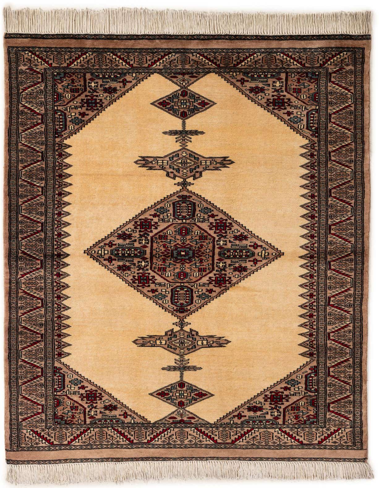 A 4x6 rectangular ivory wool rug featuring a traditional tribal medallion pattern in reds, blues, and browns.