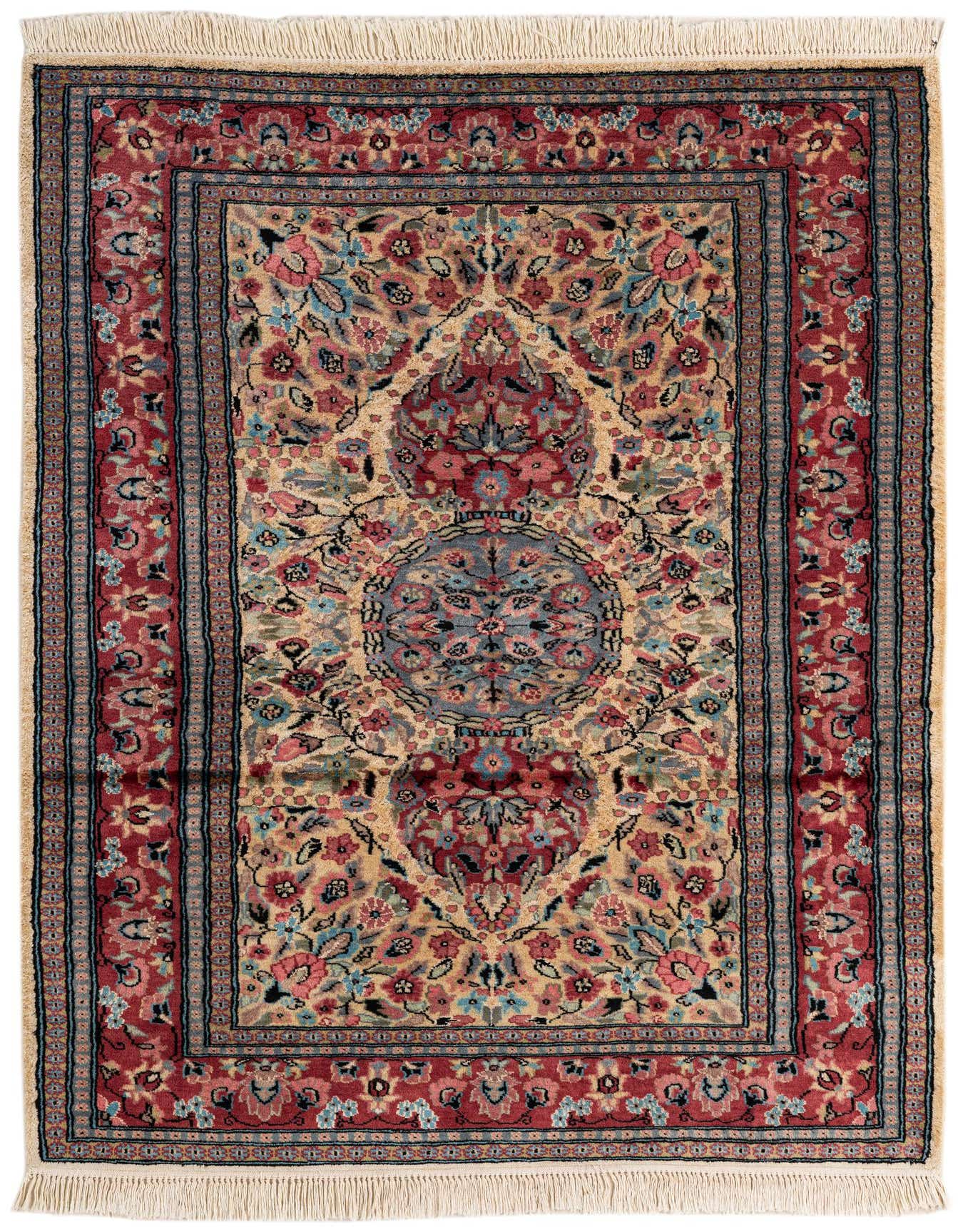 A 4x6 rectangular ivory and red traditional Bokhara rug with a central medallion and floral patterns.