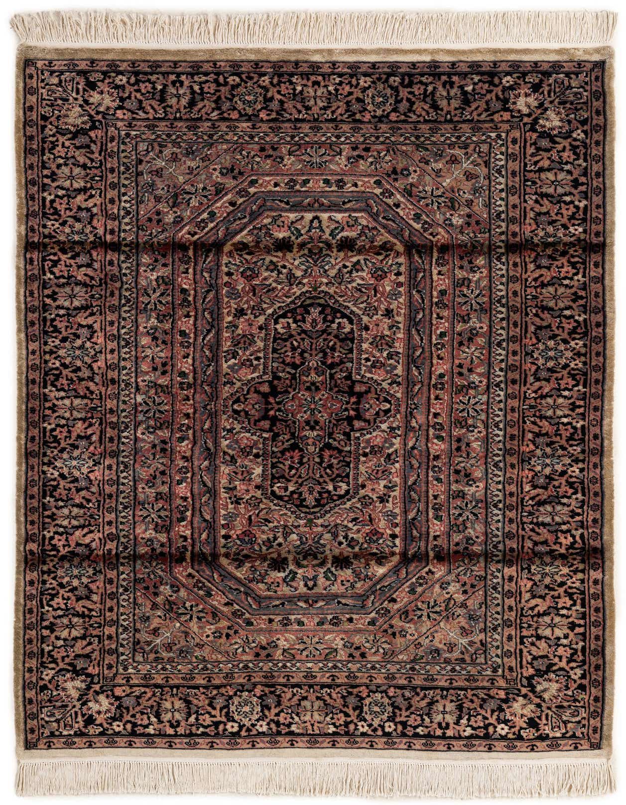 A 4x6 rectangular Bokhara rug with a central medallion in dark tones, surrounded by intricate tribal and oriental patterns in ivories, creams, and whites, with visible fringe.