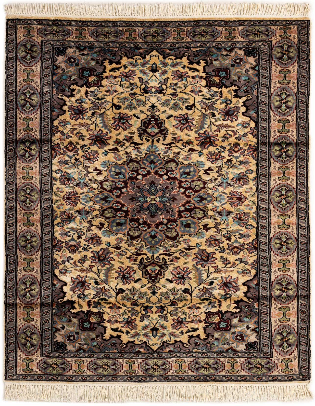 A 4x6 rectangular Bokhara rug with an ivory field, featuring a central medallion and intricate floral motifs in blues, reds, and greens, surrounded by a dark border.