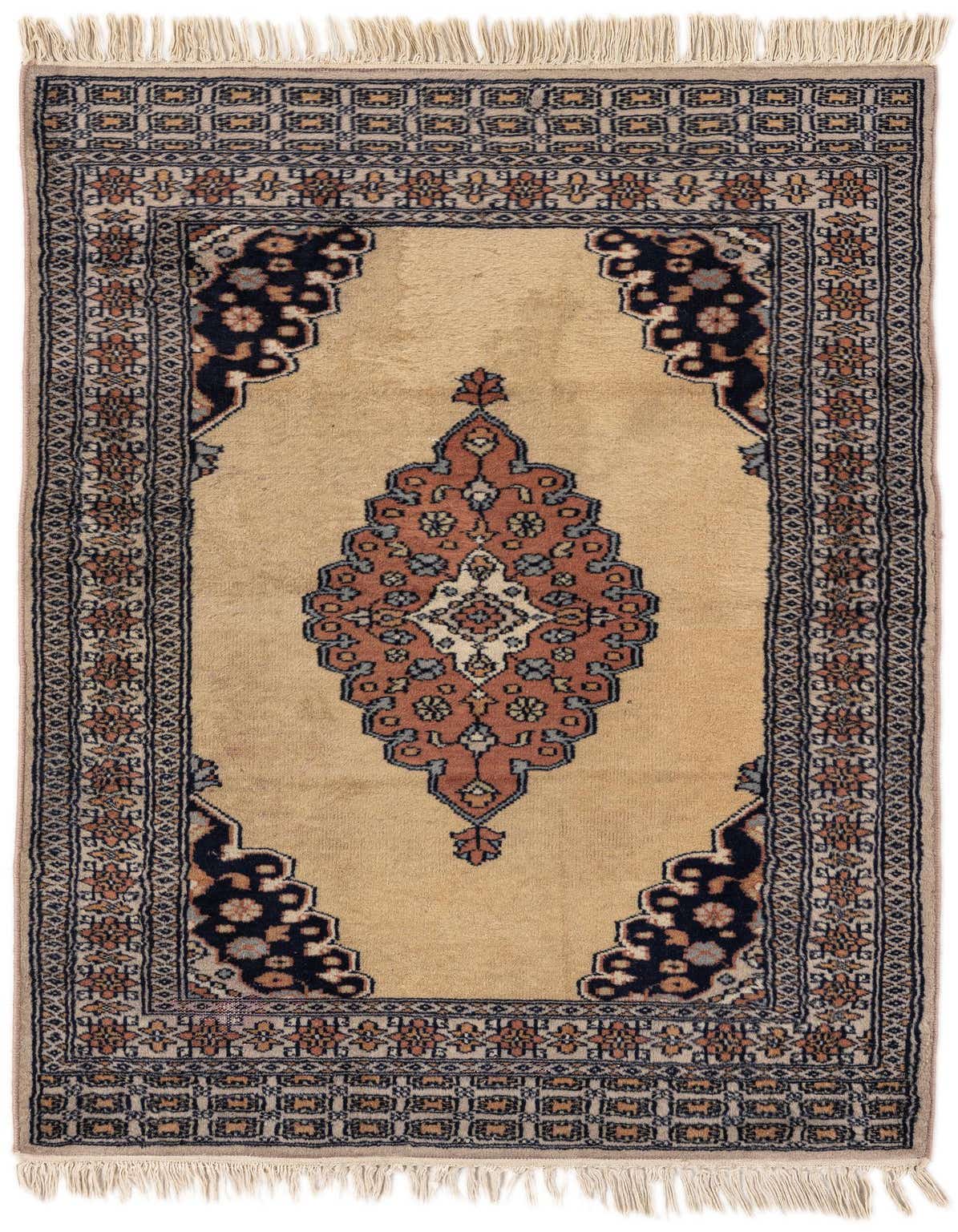 A 3x4 rectangular ivory and cream tribal wool rug with a central medallion and ornate borders.