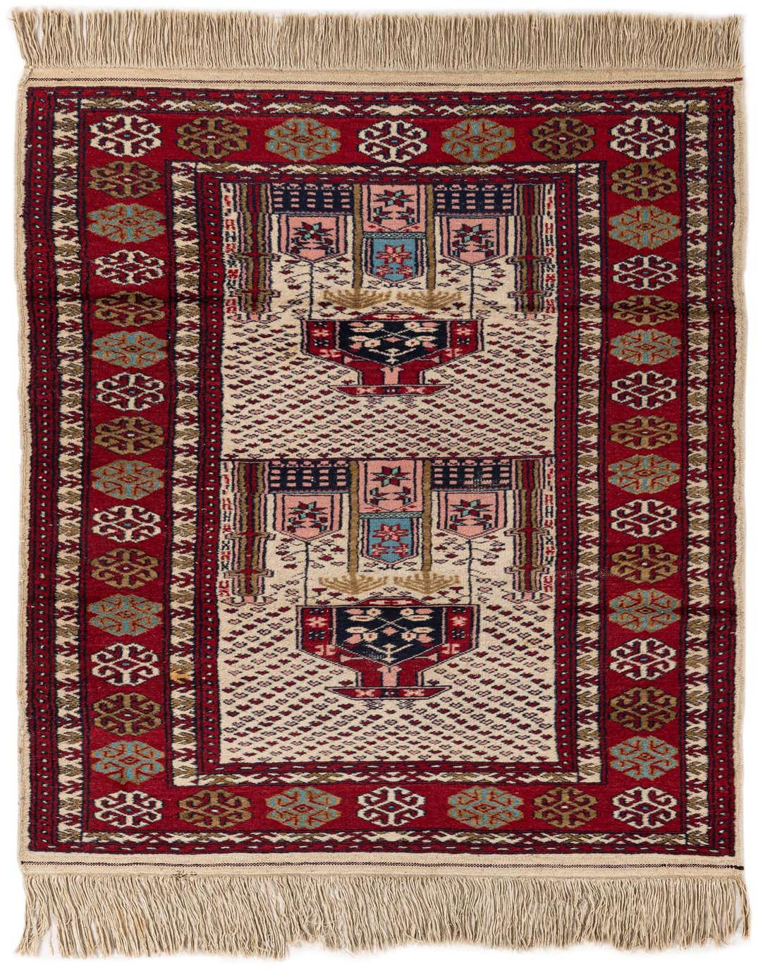 A 3x4 rectangular Bokhara rug with a cream field, intricate tribal patterns in red, navy, and pink, and fringed ends.
