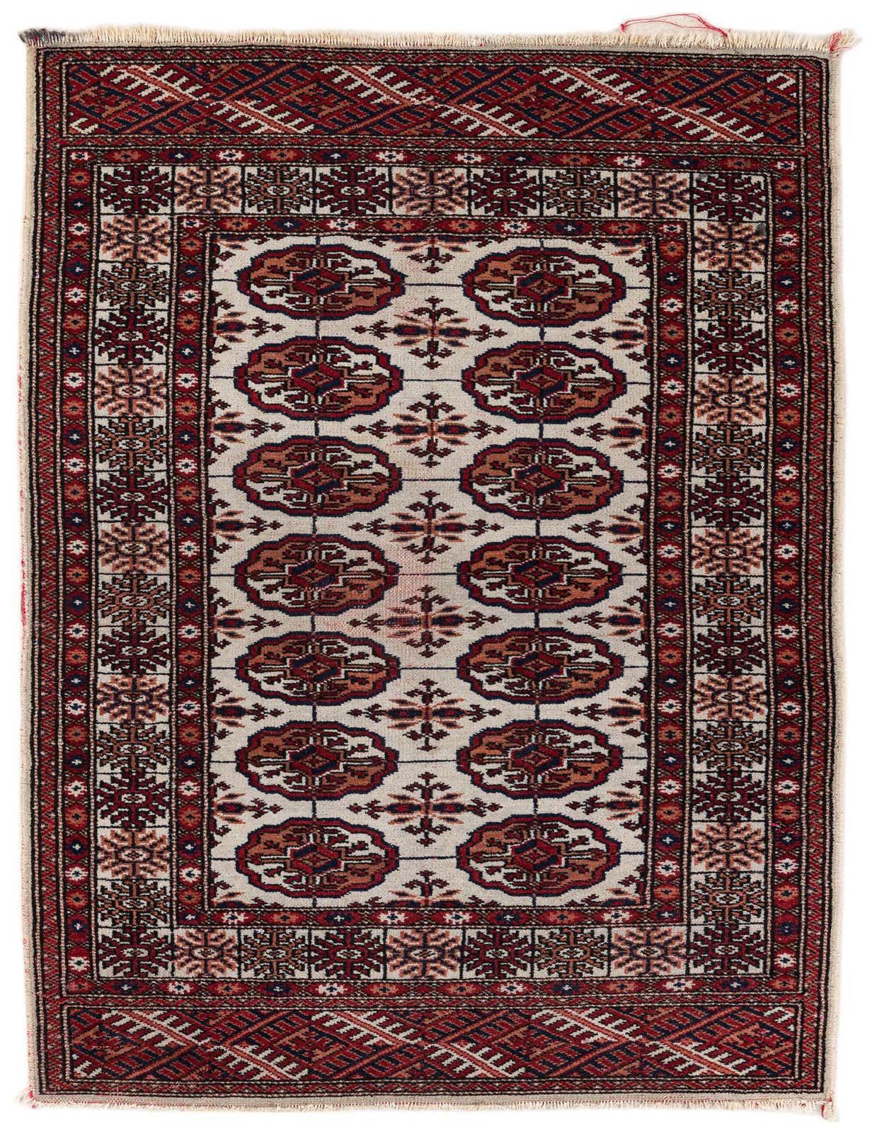 A 3x4 rectangular Bokhara wool rug featuring a traditional tribal pattern in ivory, cream, and deep red, with intricate medallions.