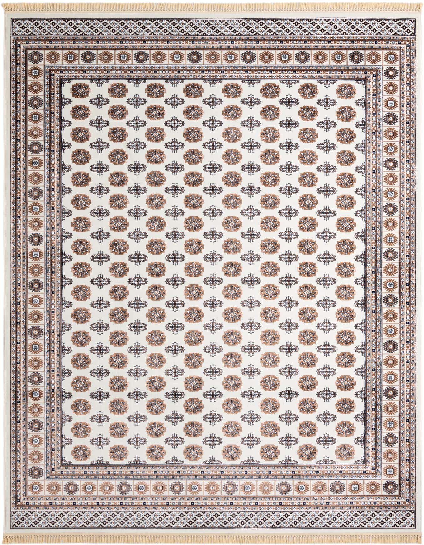 A 10x14 rectangular ivory and cream rug with a traditional Bokhara pattern and intricate borders.