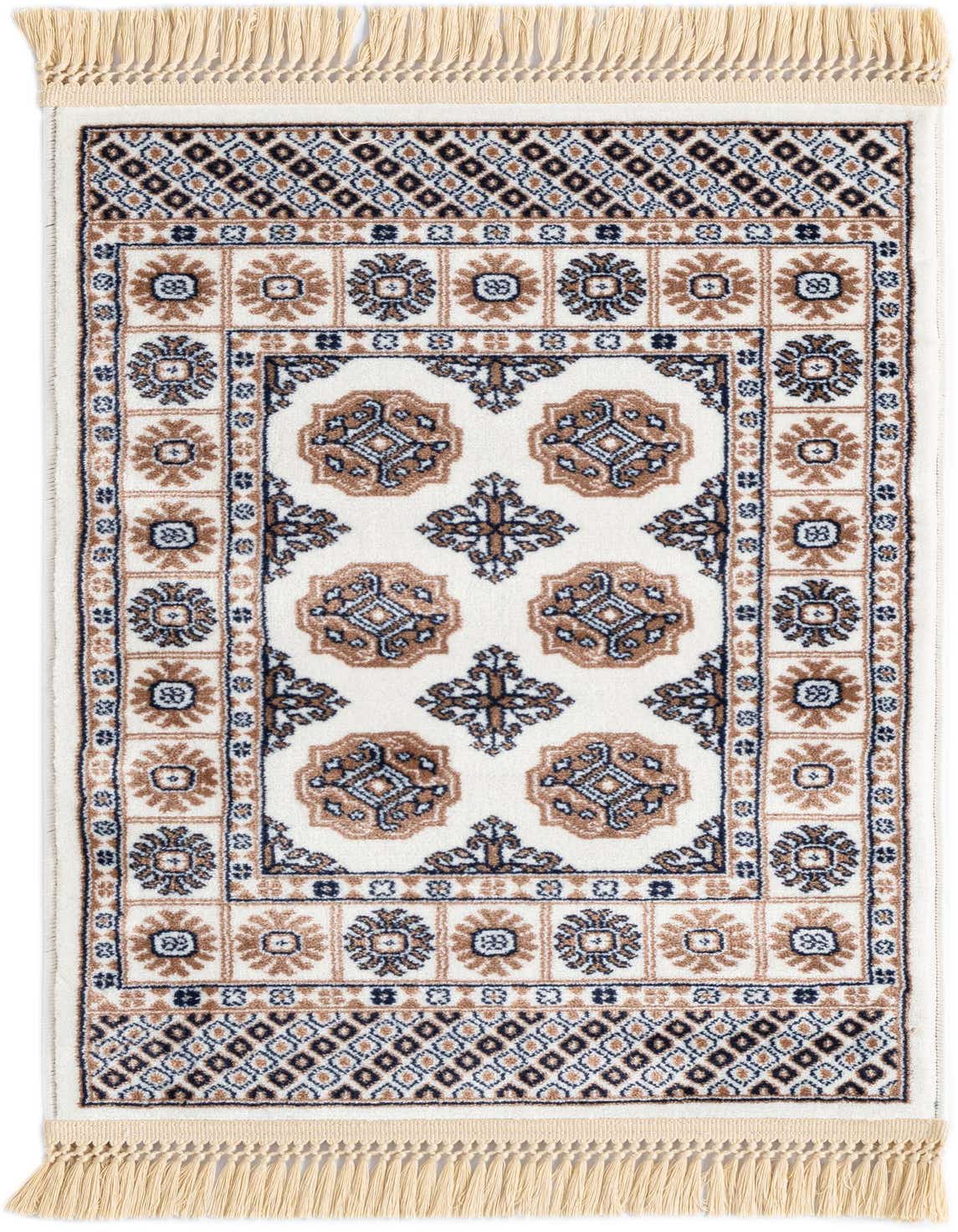 A 2x3 rectangular ivory rug with a traditional Bokhara pattern in brown, blue, and cream, featuring decorative borders and fringes.