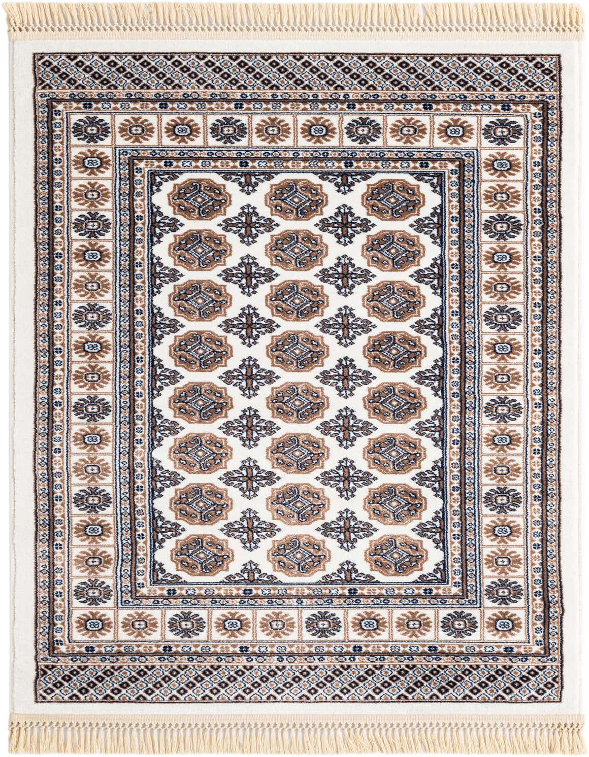 A 3x5 rectangular Bokhara rug in ivory and cream with intricate traditional patterns, featuring brown and blue accents.