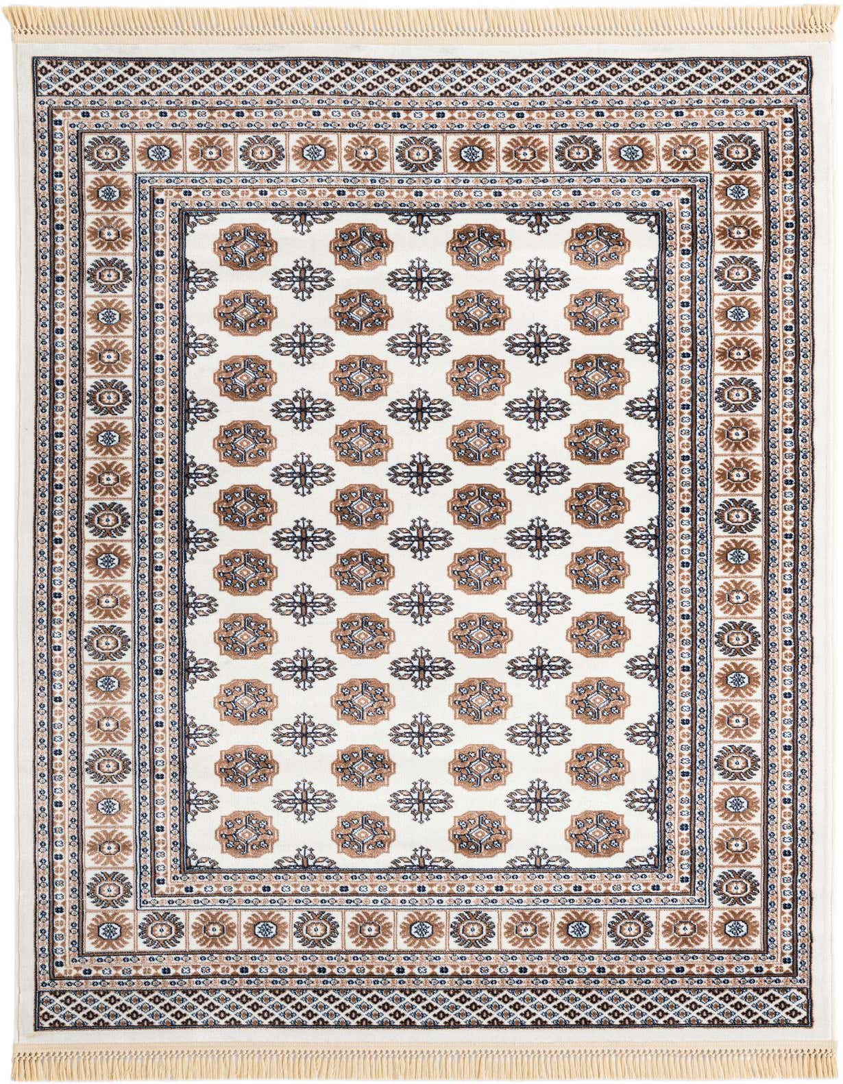 A rectangular 5x8 ivory and brown Bokhara rug with intricate traditional patterns and fringe ends.