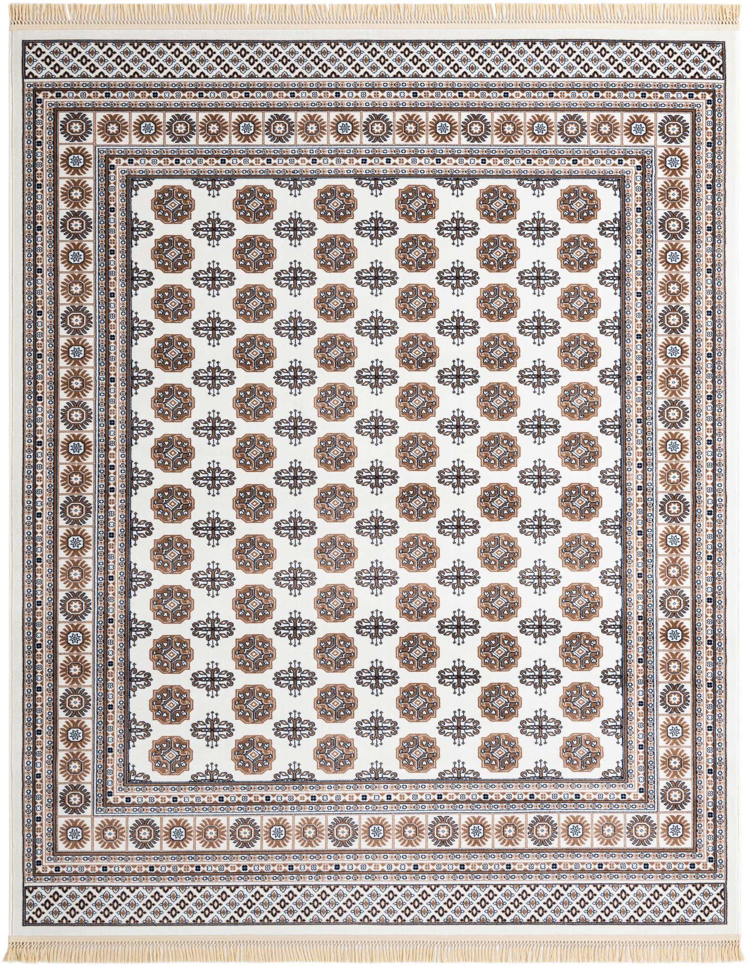 An 8x10 rectangular ivory and cream rug with a repeating brown and blue medallion pattern and a detailed border.