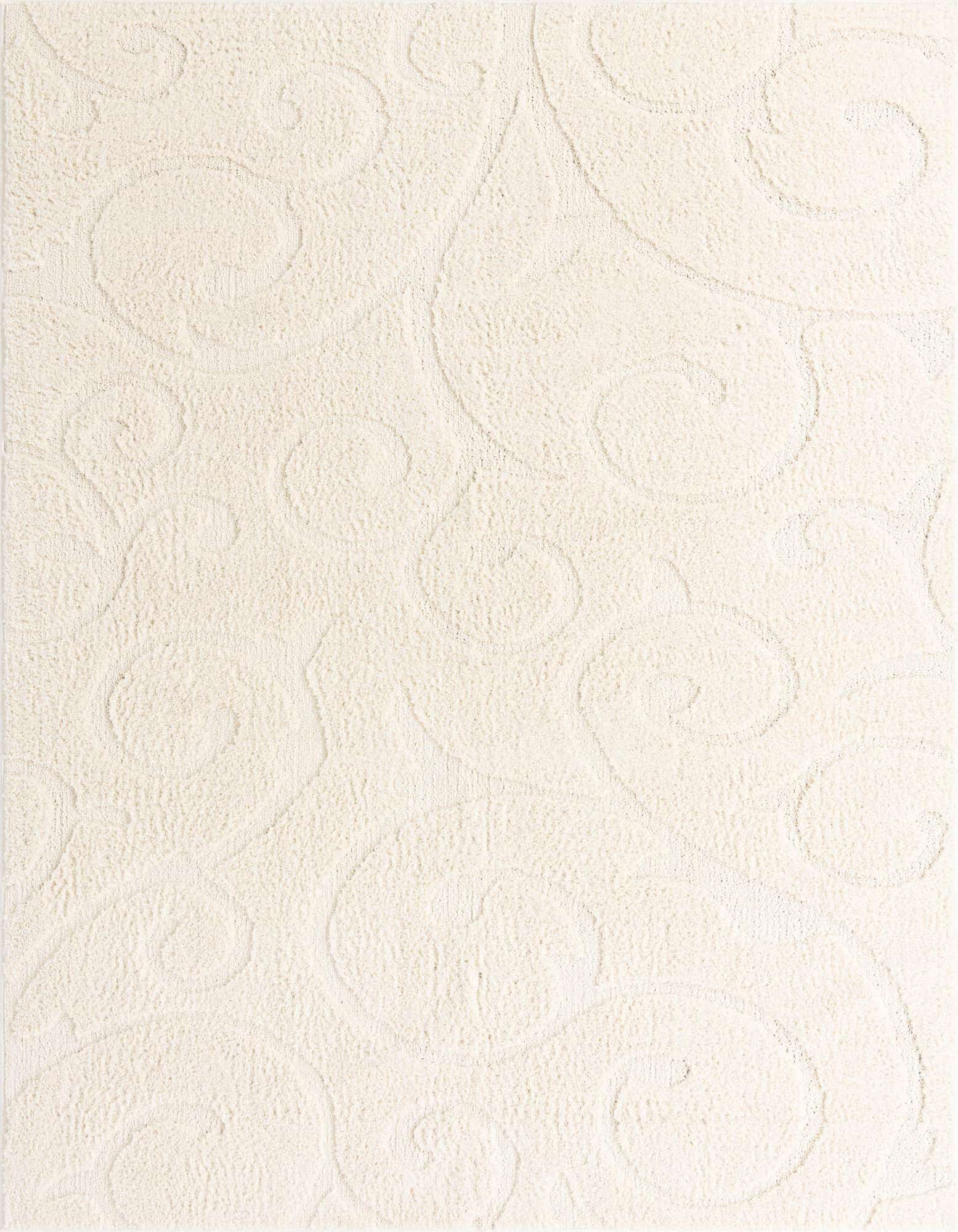 An 8x10 rectangular ivory area rug with a subtle high-low textured floral scroll pattern, perfect for a living room.