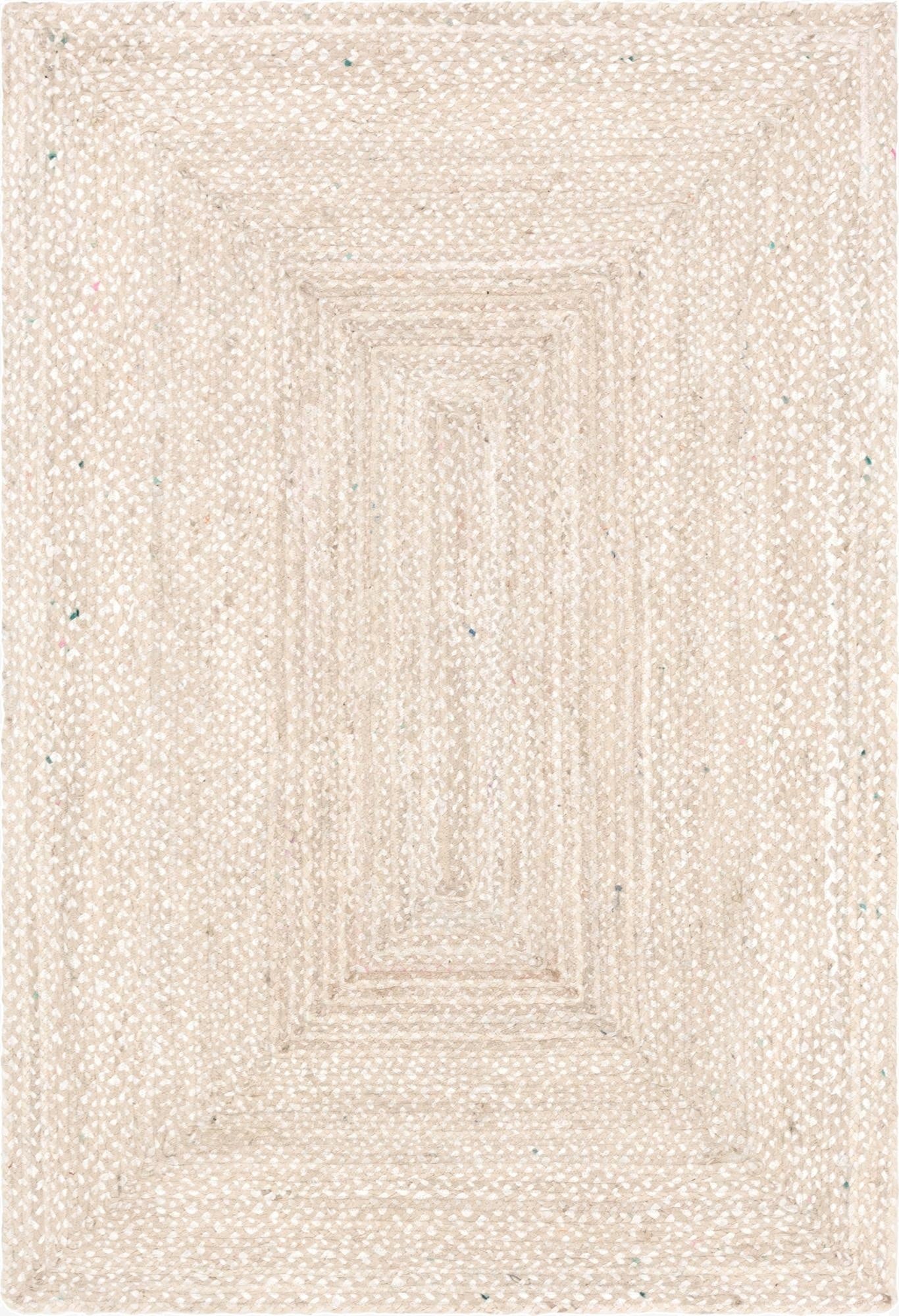 A 6x9 rectangular ivory and cream braided cotton rug with a subtle stripe pattern, perfect for a living room.