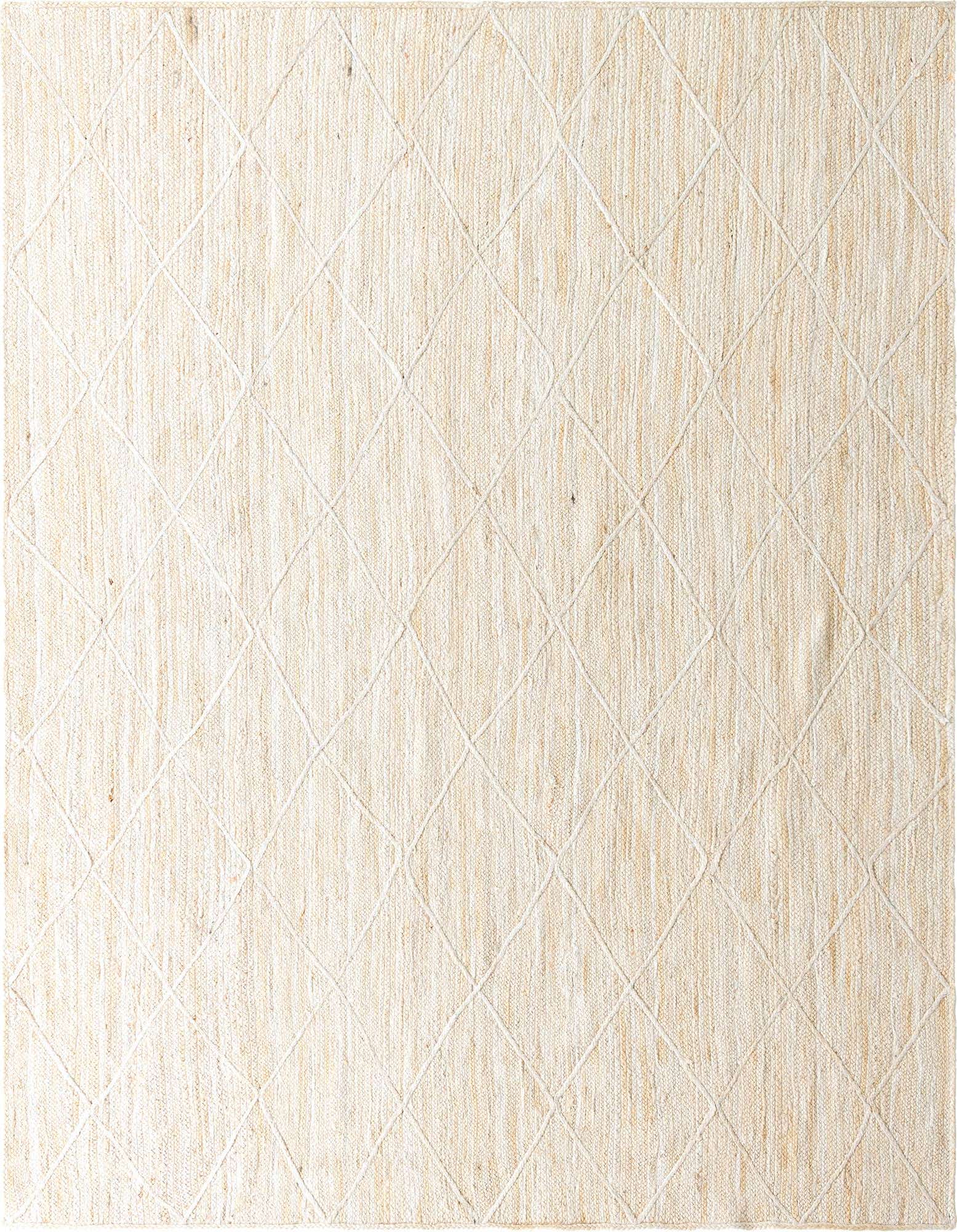 A large 9x12 rectangular ivory jute rug with a subtle diamond pattern, suitable for a living room.