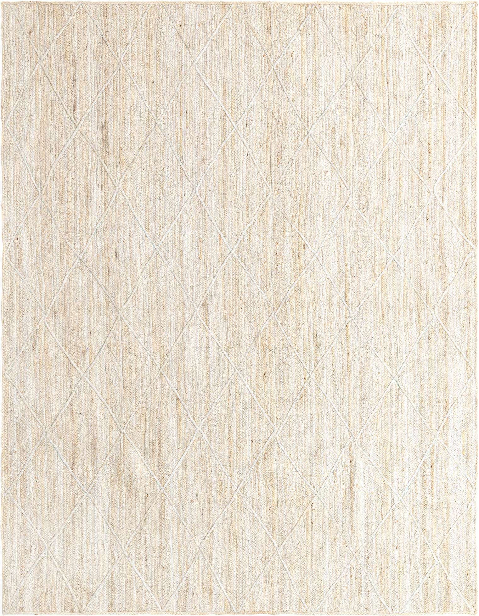 An 8x11 rectangular ivory jute rug with a subtle white diamond pattern, perfect for a living room.