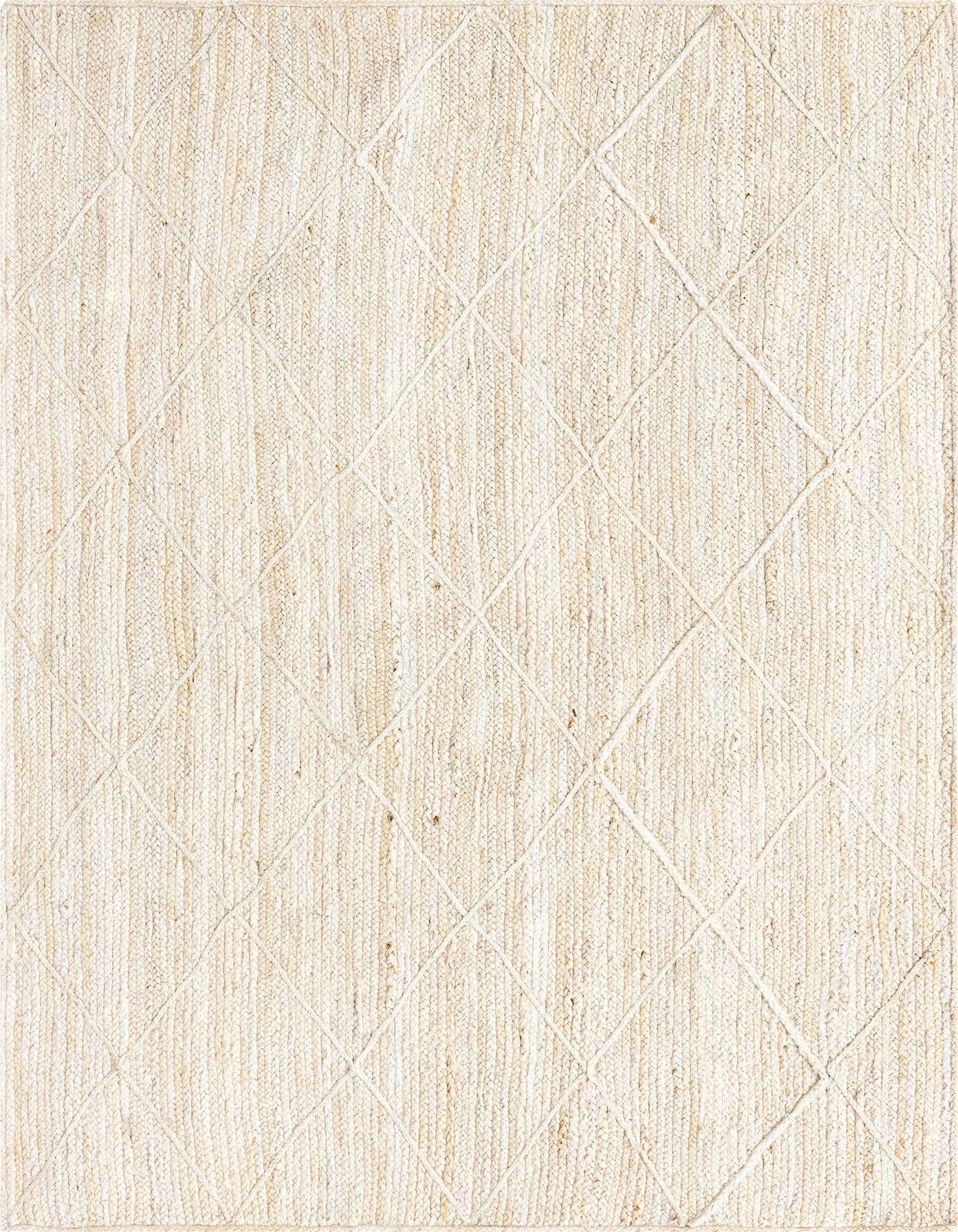 A 6x9 rectangular ivory jute rug with a minimalist braided texture and subtle diamond pattern, suitable for a living room.