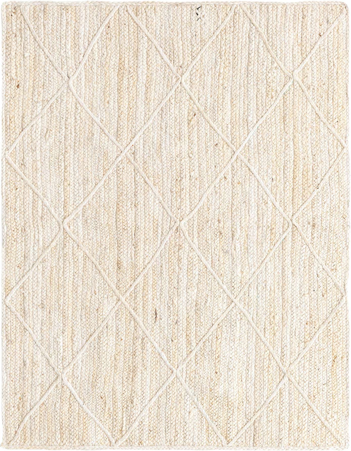A 4x6 rectangular ivory jute area rug with a subtle diamond pattern, perfect for a living room.