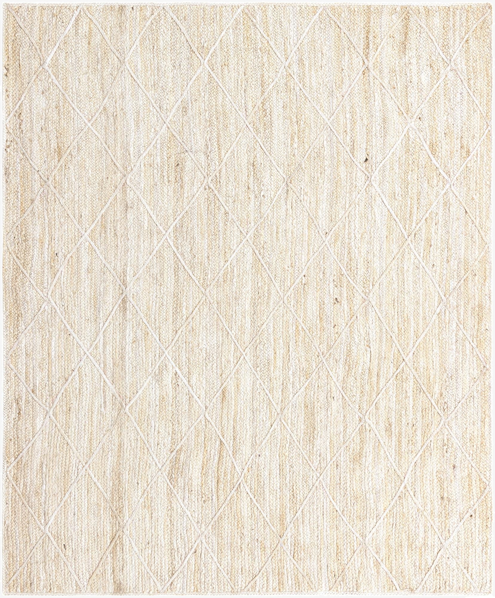 An 8x10 rectangular ivory and cream braided jute rug with a subtle white diamond pattern, suitable for a living room.