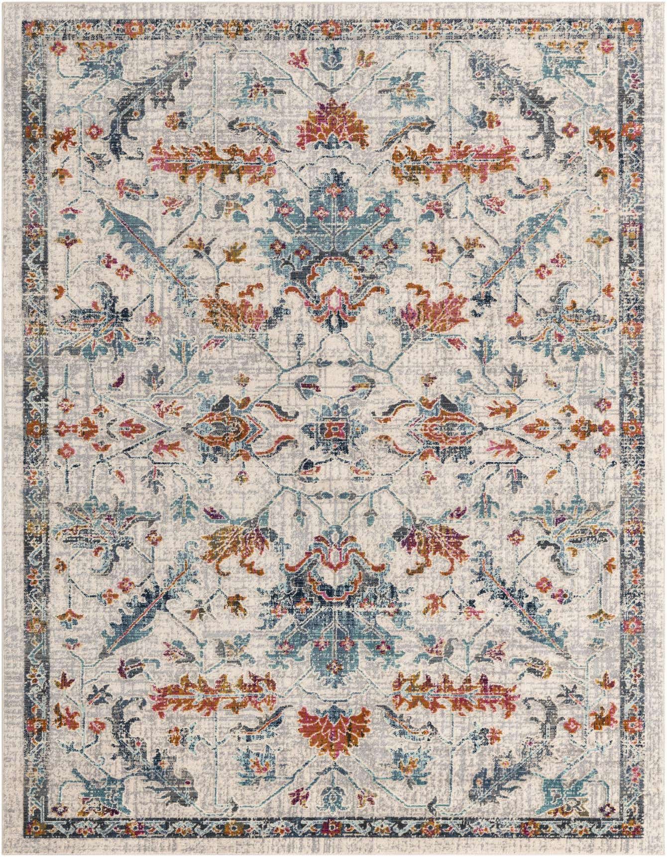 A 5x8 rectangular ivory area rug with a distressed Bohemian floral and tribal pattern in teal, rust, and grey.