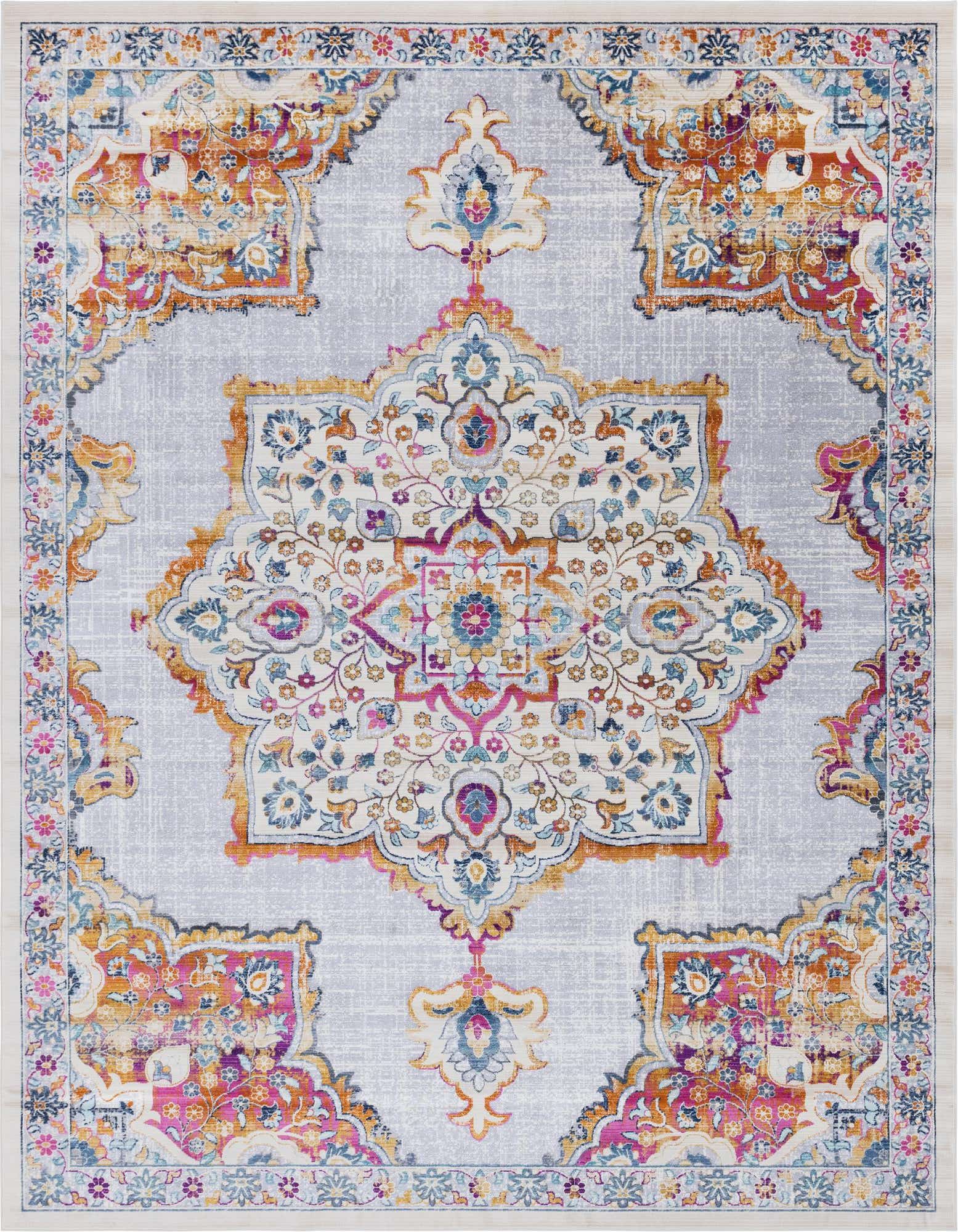 A 9x12 rectangular ivory bohemian rug with a distressed medallion pattern in vibrant pink, orange, blue, and yellow.