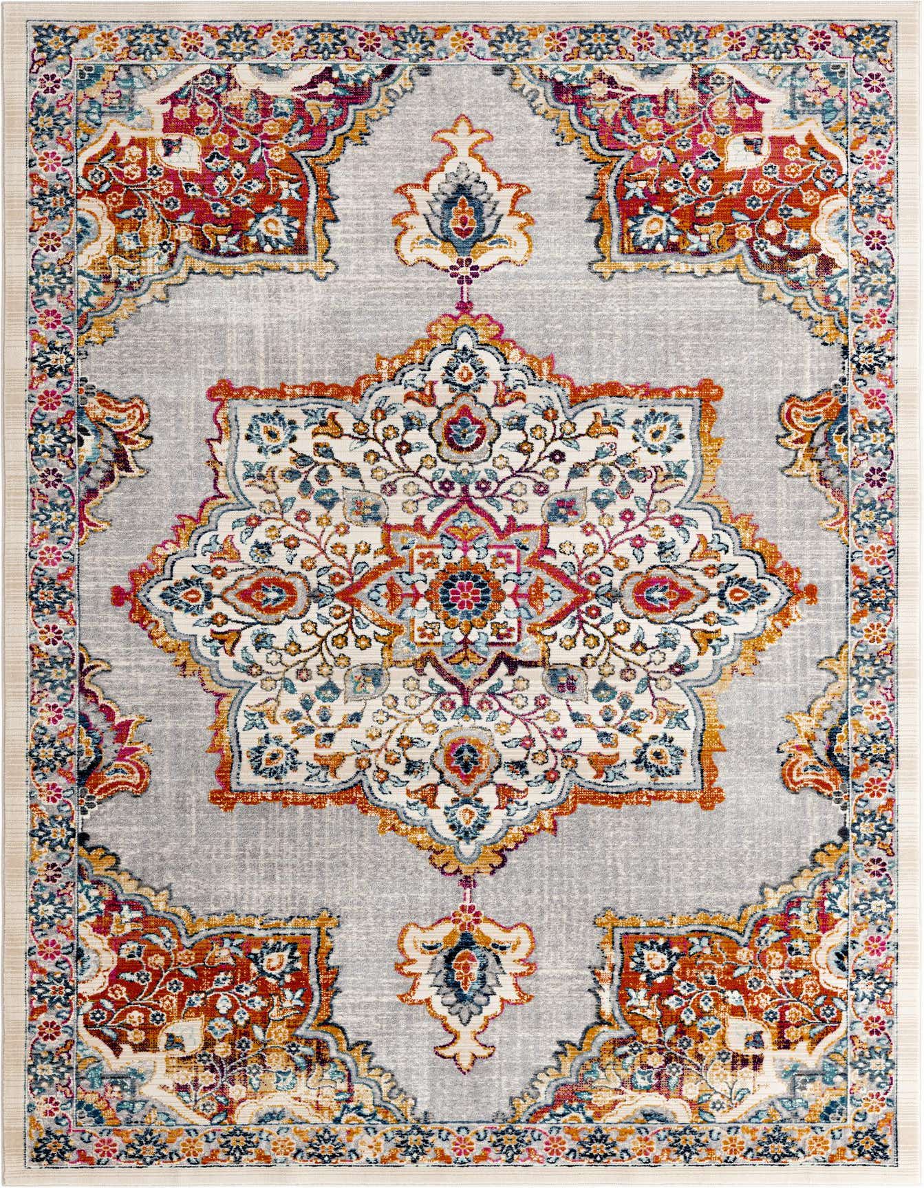 A 5x8 rectangular ivory area rug with a vibrant bohemian medallion pattern in red, orange, blue, and pink.