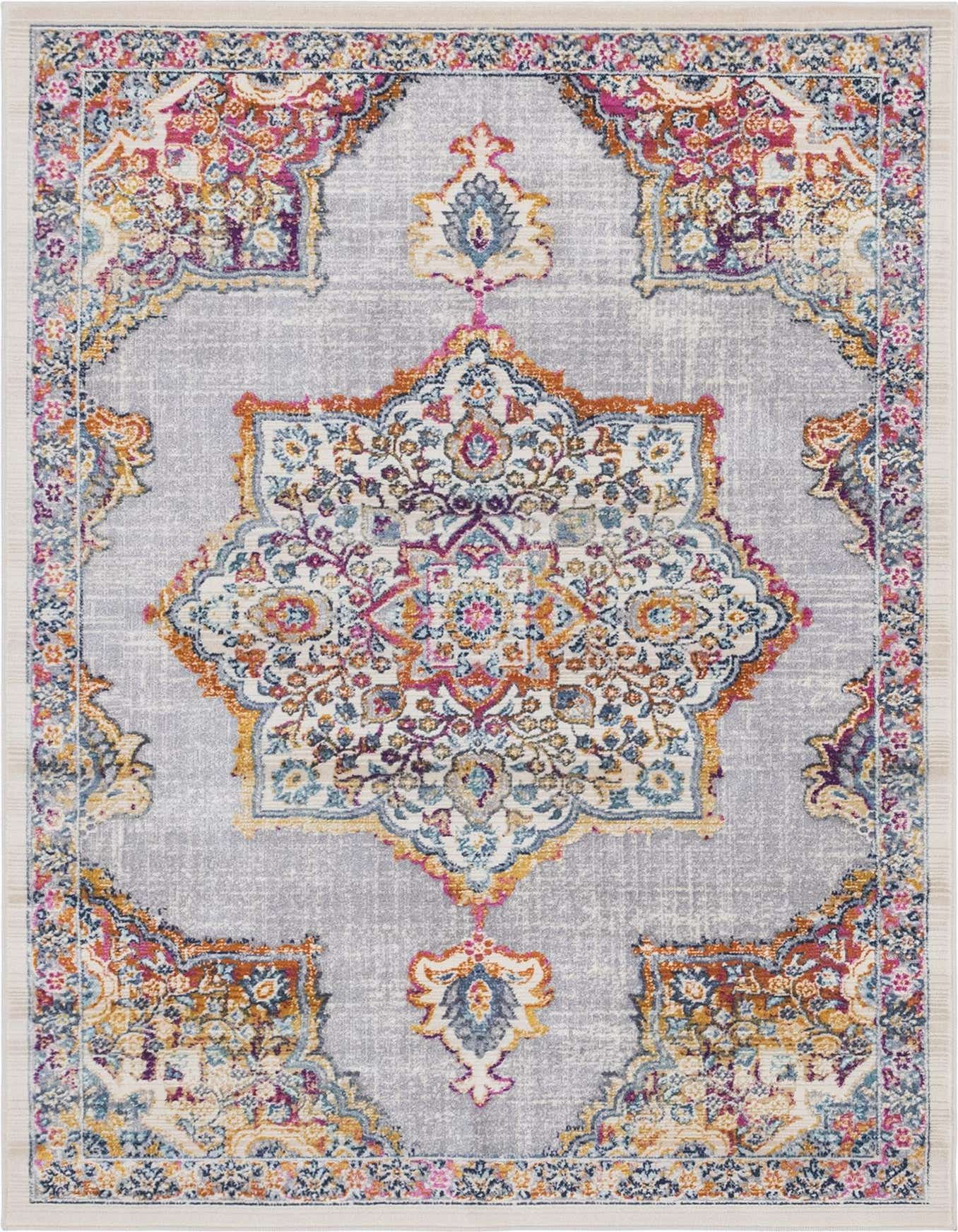 A 4x6 rectangular ivory and multi-color Bohemian rug with a distressed medallion pattern, ideal for a living room.