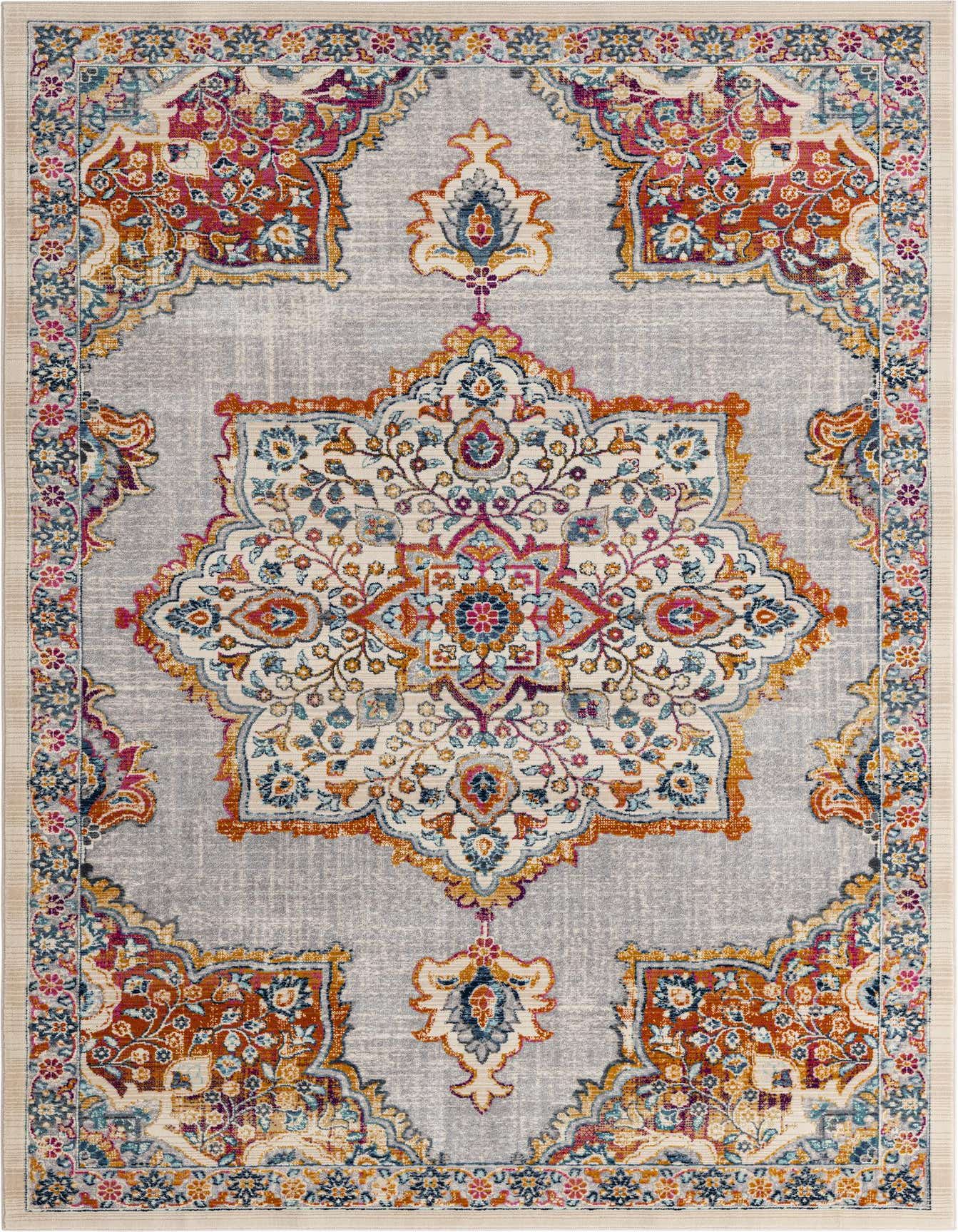A 3x5 rectangular Budapest rug featuring a central medallion and ornate border in ivory, cream, white, and multi-color traditional patterns on a textured gray background.