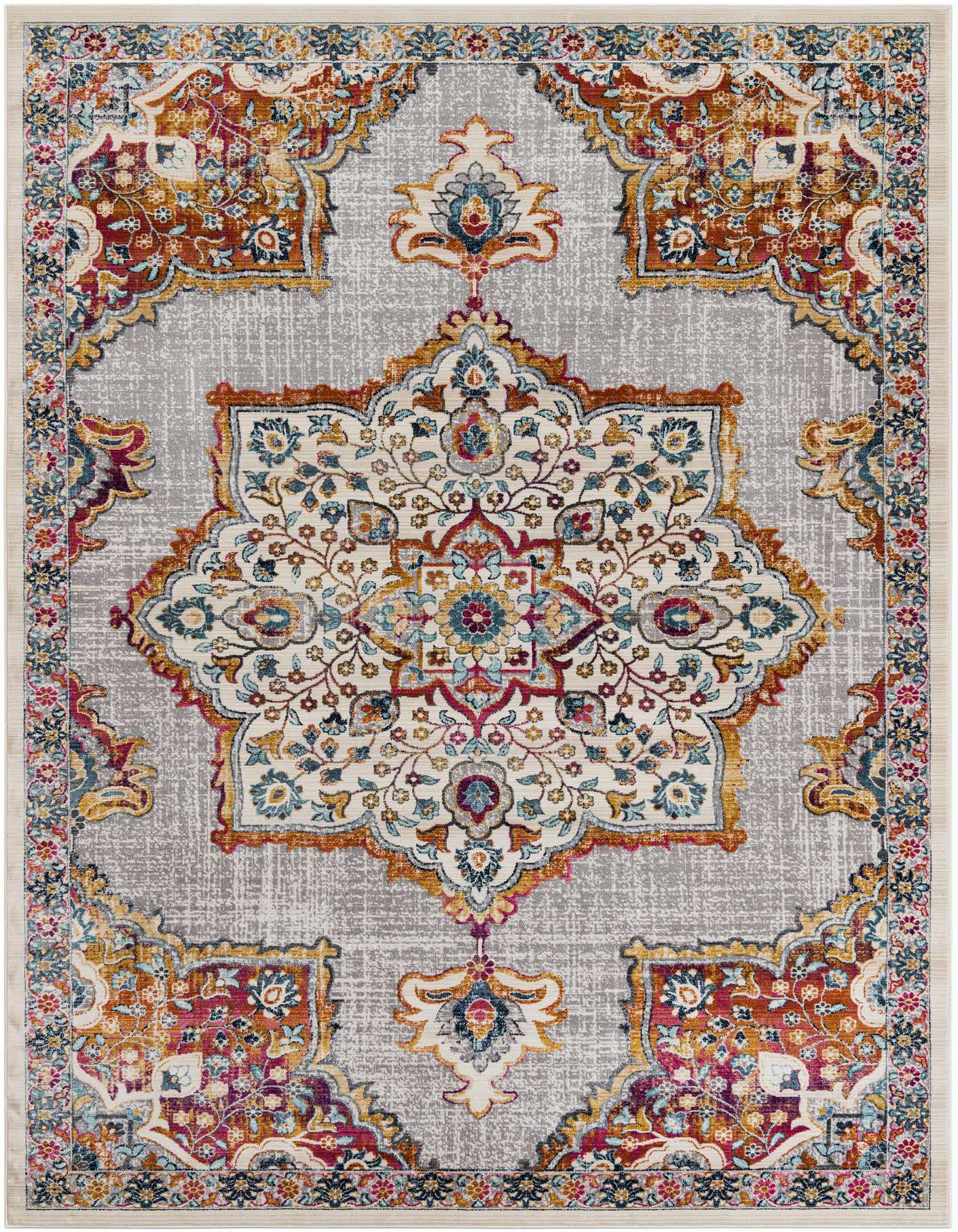 A 7x10 rectangular Budapest rug with a distressed ivory and cream medallion pattern on a light gray background, featuring vibrant traditional and bohemian accents in orange, red, and blue.