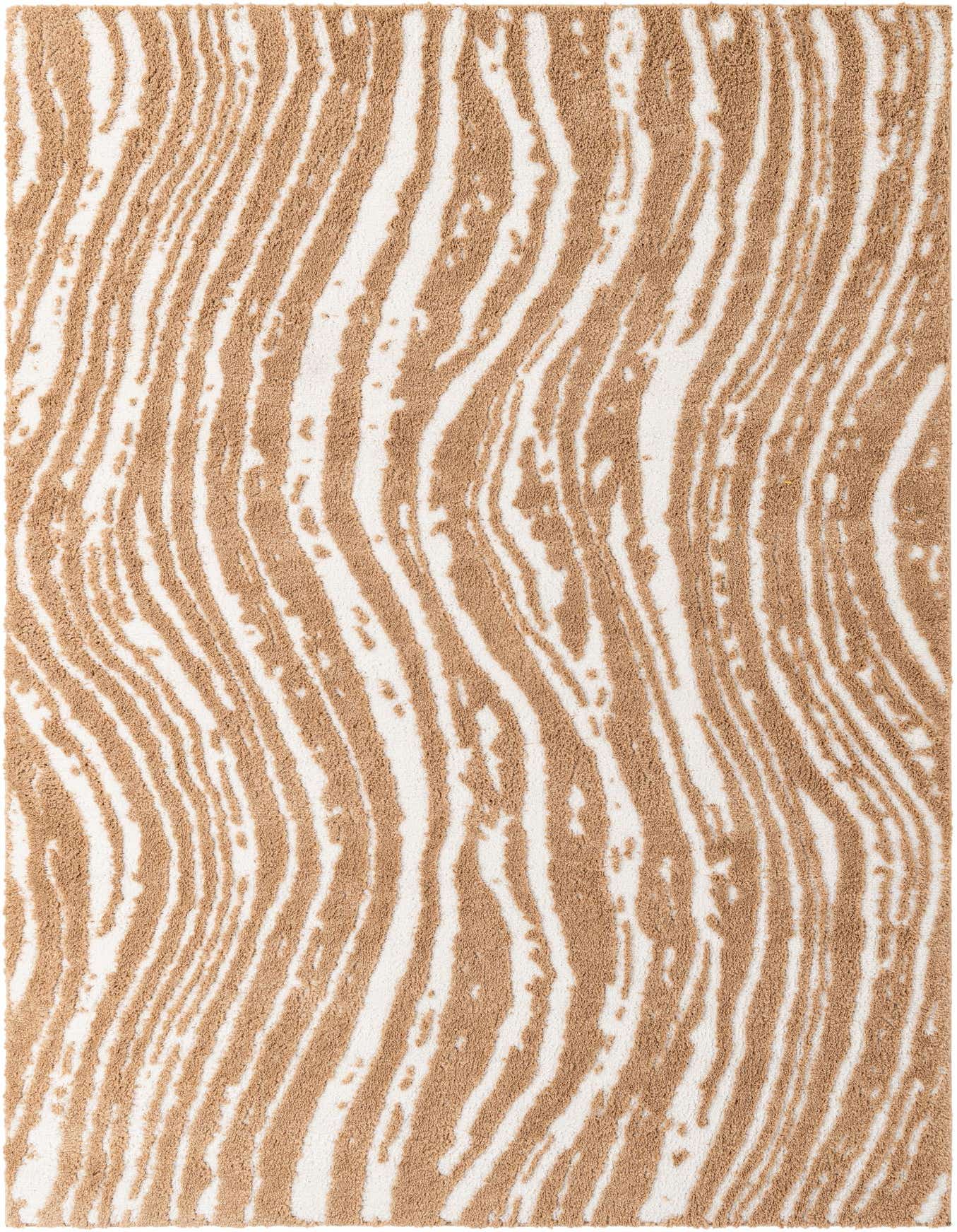 A 5x8 rectangular ivory and cream rug with a modern abstract wavy stripe pattern, suitable for a living room.