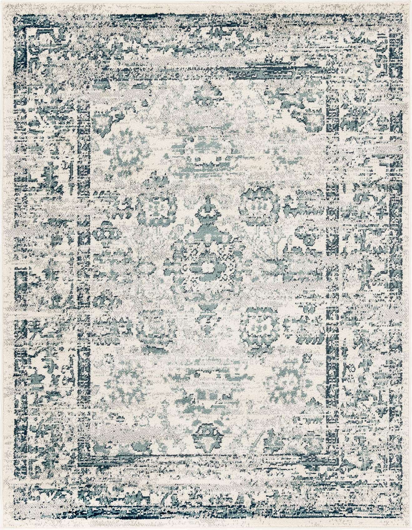 A 4x6 rectangular ivory and cream rug with a distressed traditional medallion pattern in shades of blue and gray.