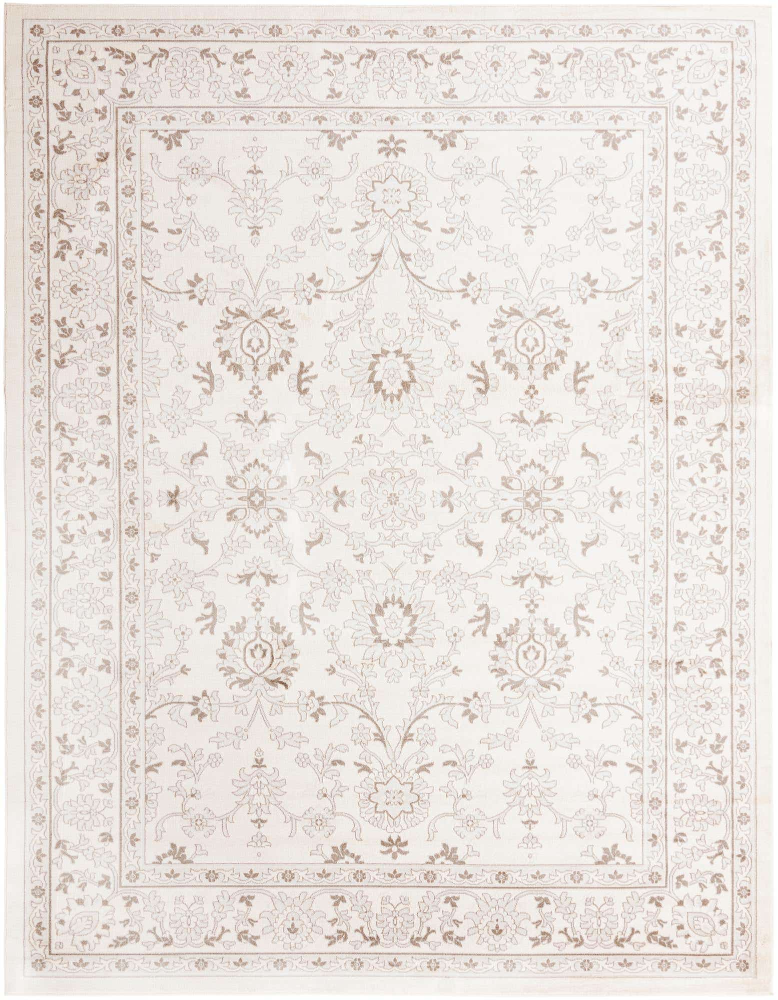 A 10x13 rectangular ivory and cream traditional floral rug with a detailed border, suitable for a living room.