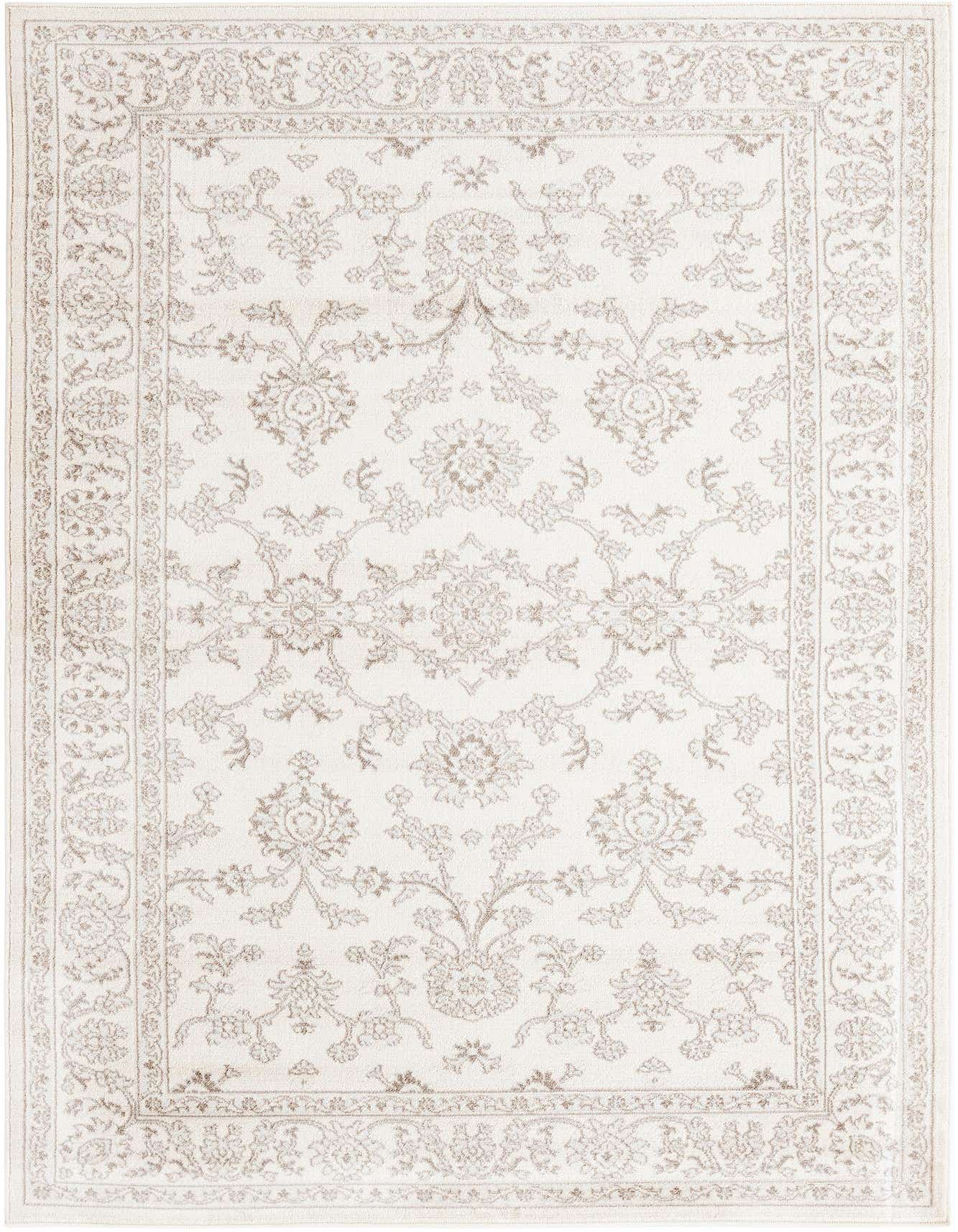 A 5x8 rectangular ivory and cream traditional area rug with a detailed floral and oriental pattern, suitable for a living room or dining room.