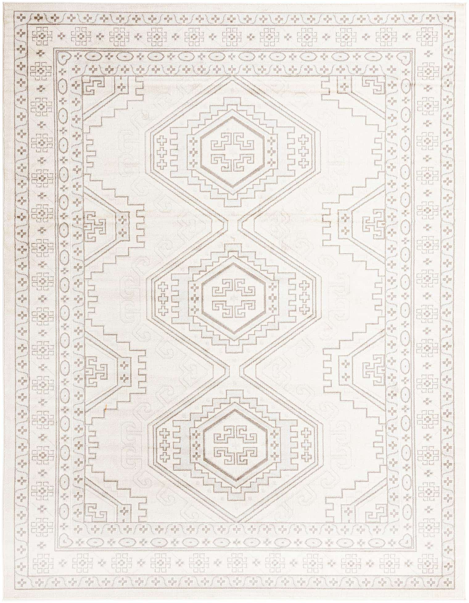 A 9x12 rectangular ivory and cream rug with a traditional tribal geometric pattern and a decorative border.