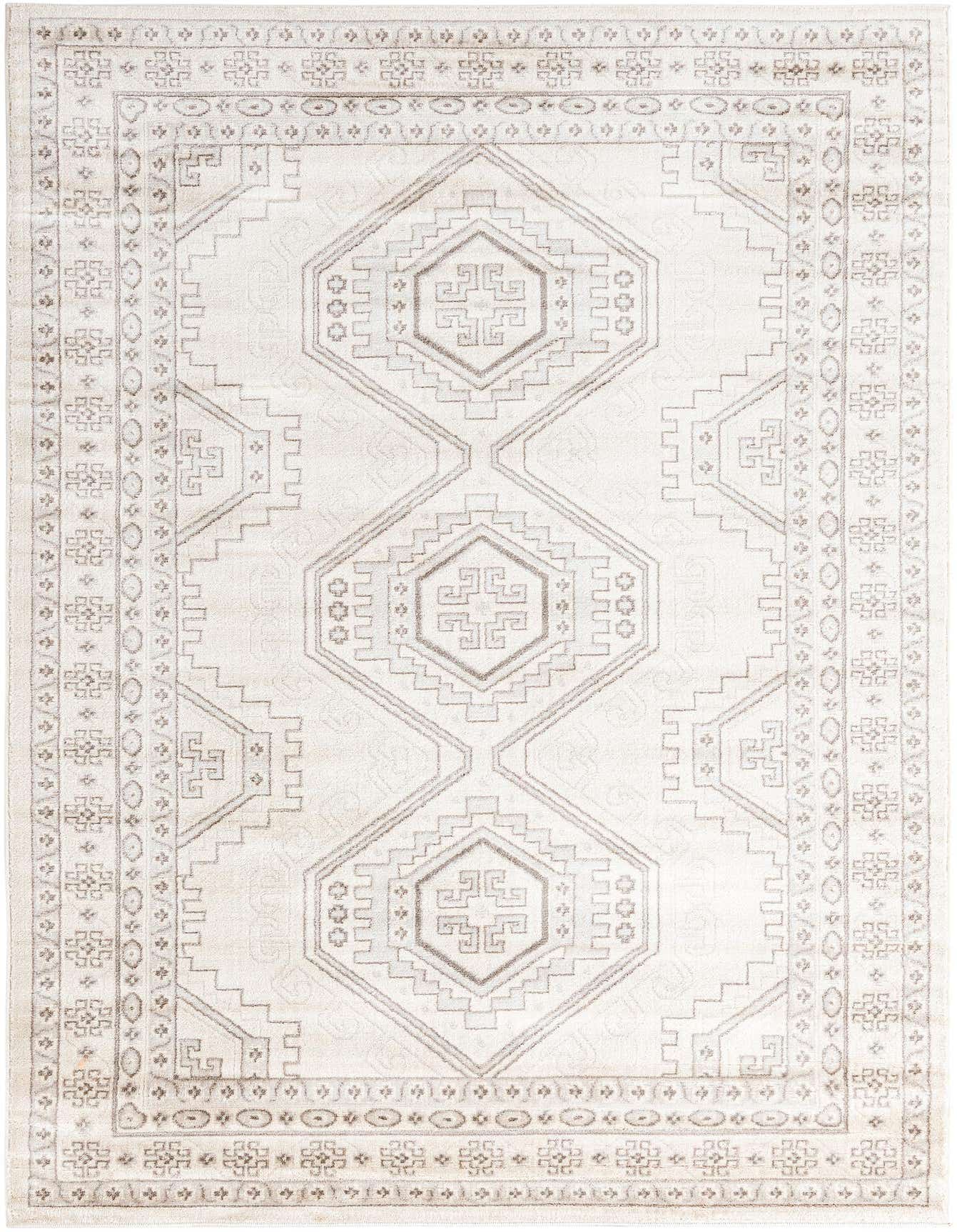 A 6x9 rectangular ivory and cream rug with a traditional tribal pattern and Southwestern motifs, featuring a central diamond design and intricate borders.