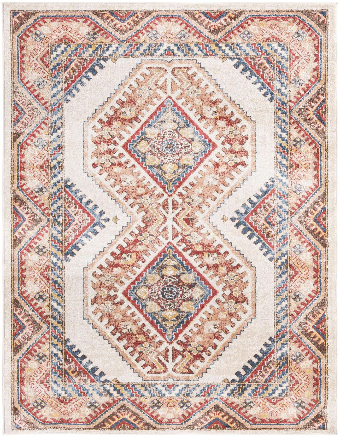 A 5x8 rectangular Charlotte rug featuring a distressed ivory background with traditional red, blue, and brown patterns.