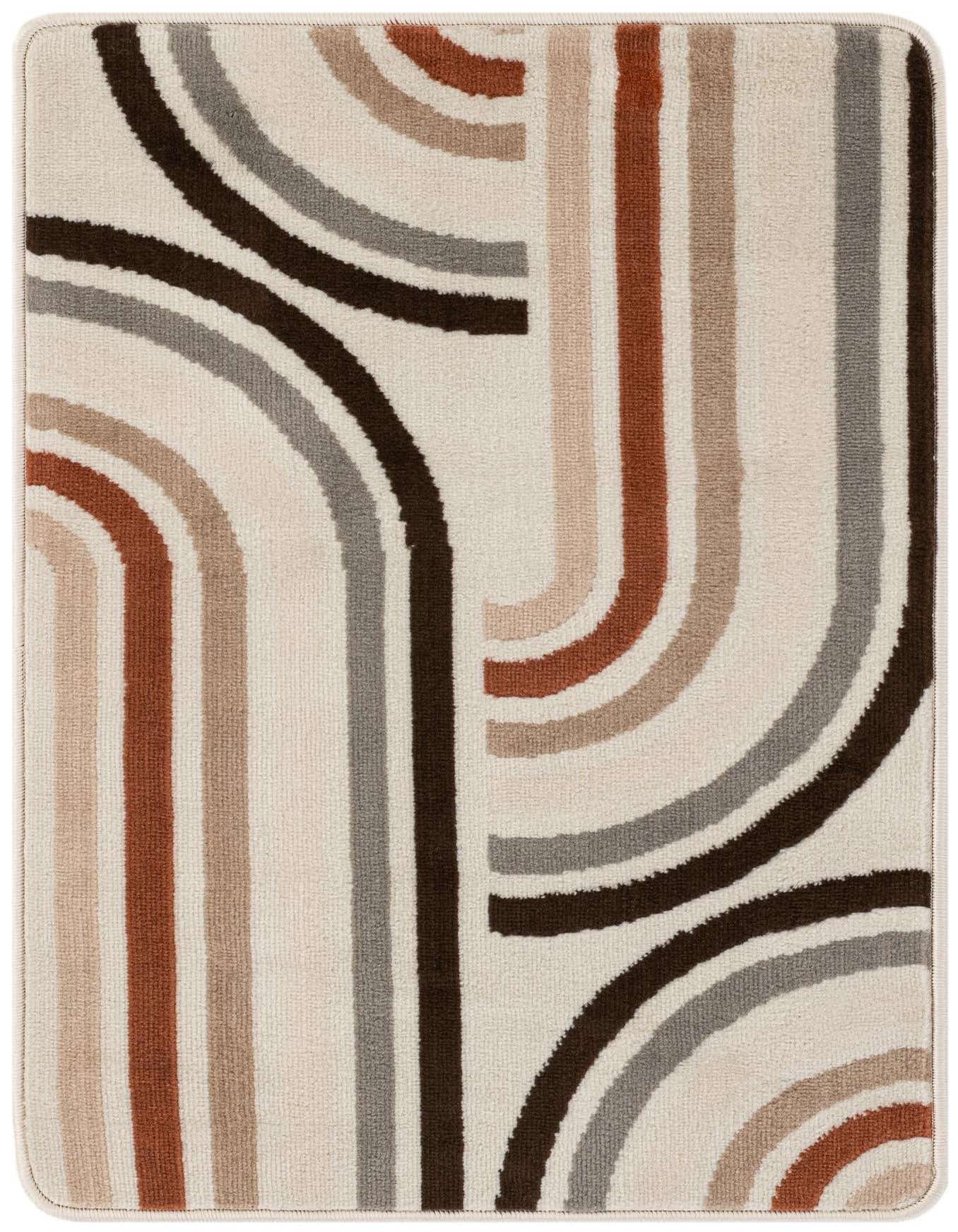 A 2x3 rectangular Rugs.com Charlotte rug featuring a modern abstract pattern of curved lines in ivory, brown, and gray.