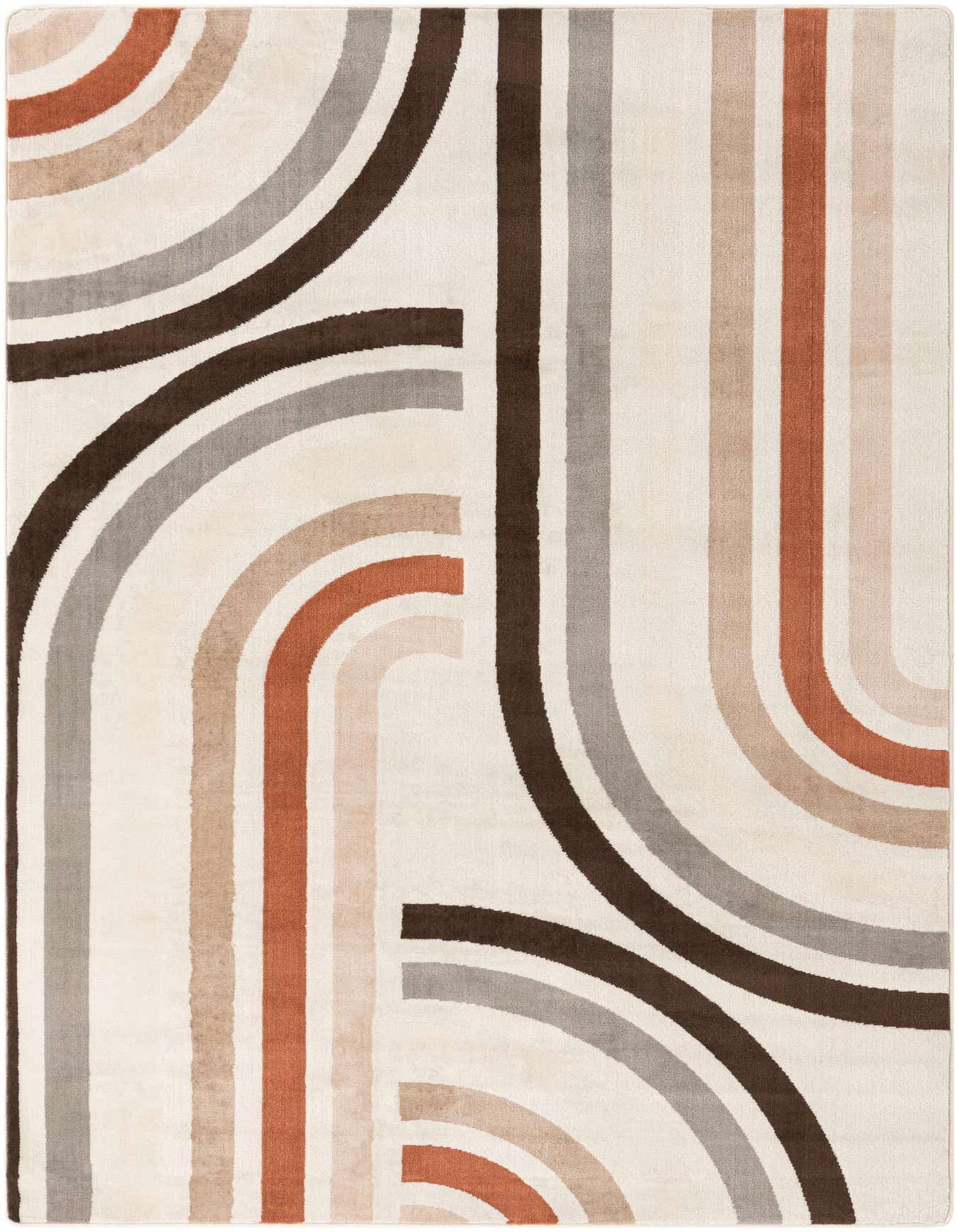 A 6x9 rectangular ivory rug with a modern abstract pattern of curved and straight lines in brown, grey, and terracotta.