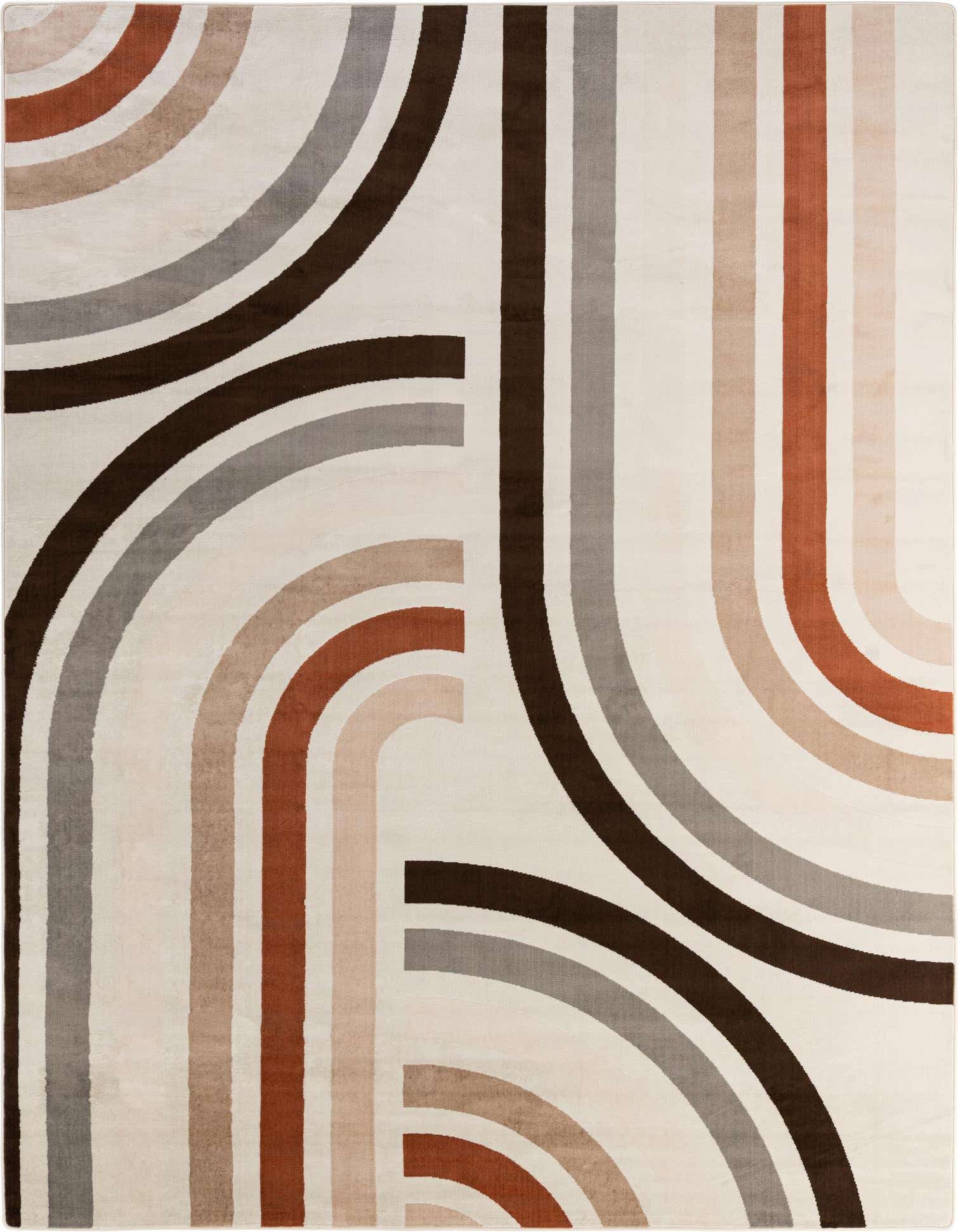 A 9x12 rectangular ivory modern abstract rug with curved lines in brown, gray, and rust tones.