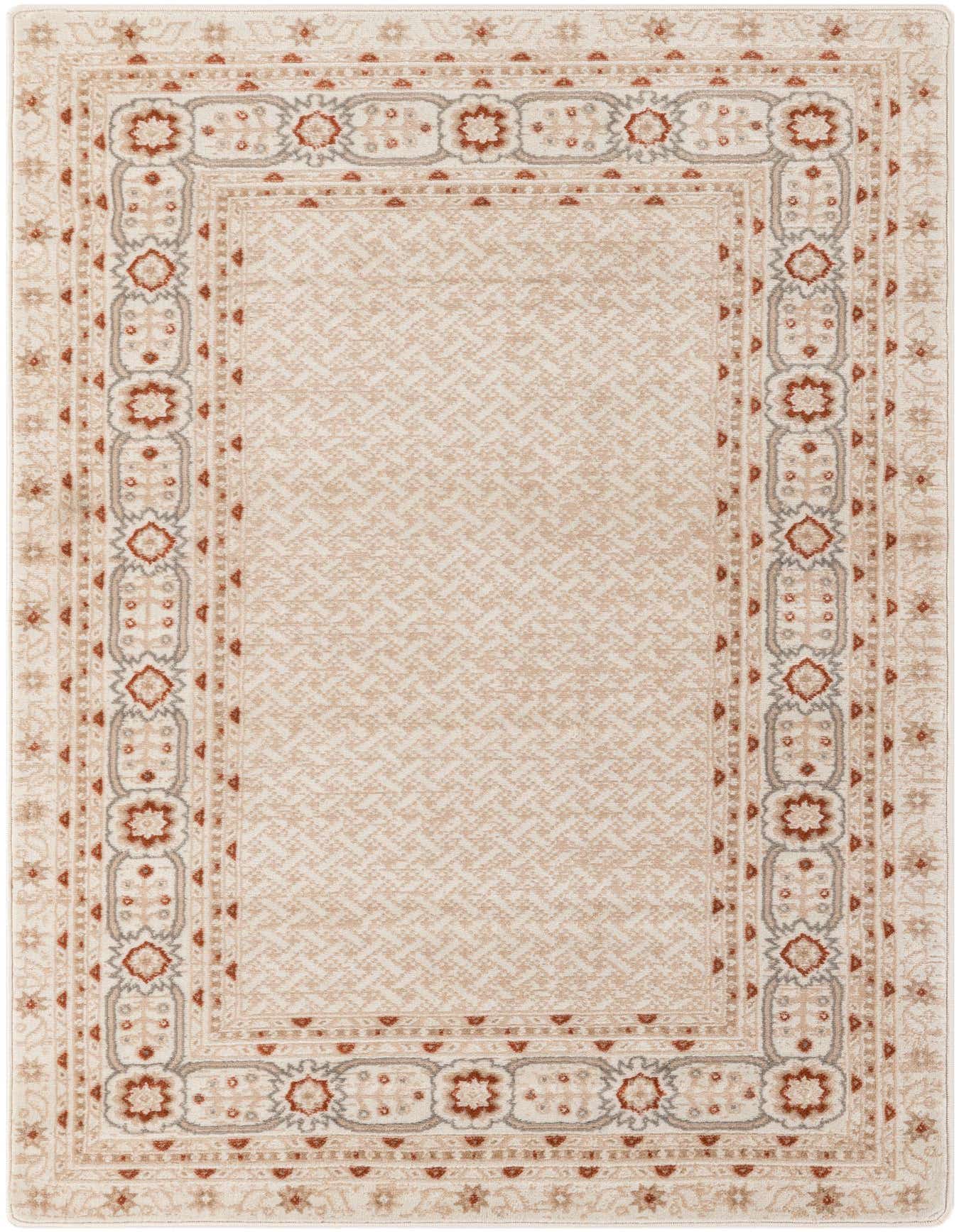 A 4x6 rectangular ivory and cream modern rug with a subtle geometric pattern and a detailed border in rust and gray.