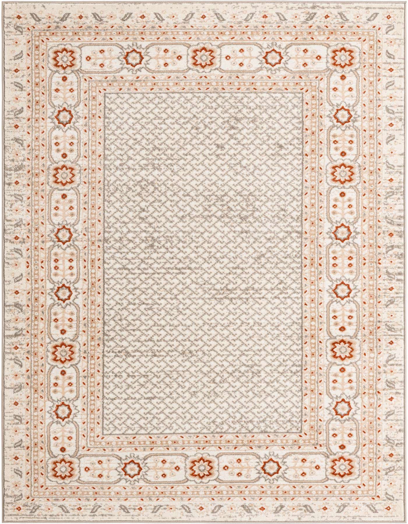 A 5x8 rectangular ivory and cream area rug with a traditional border pattern in shades of orange, grey, and beige.