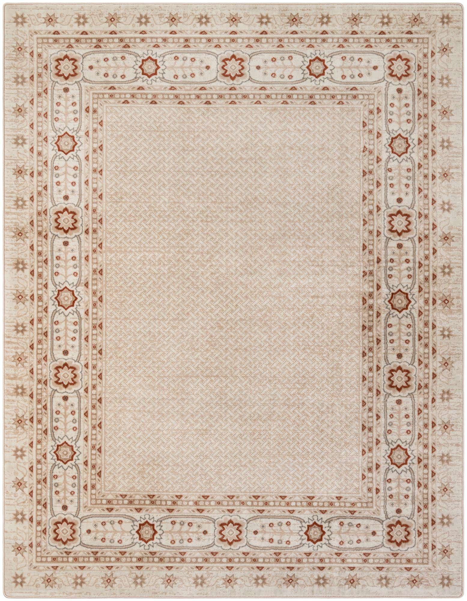 An 8x10 rectangular ivory and cream modern rug with a detailed border featuring rust and beige floral motifs.