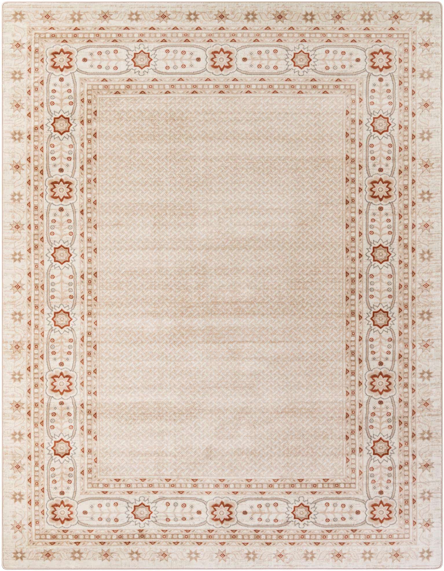 A 9x12 rectangular ivory and cream modern floral rug with a detailed border, suitable for a living room.