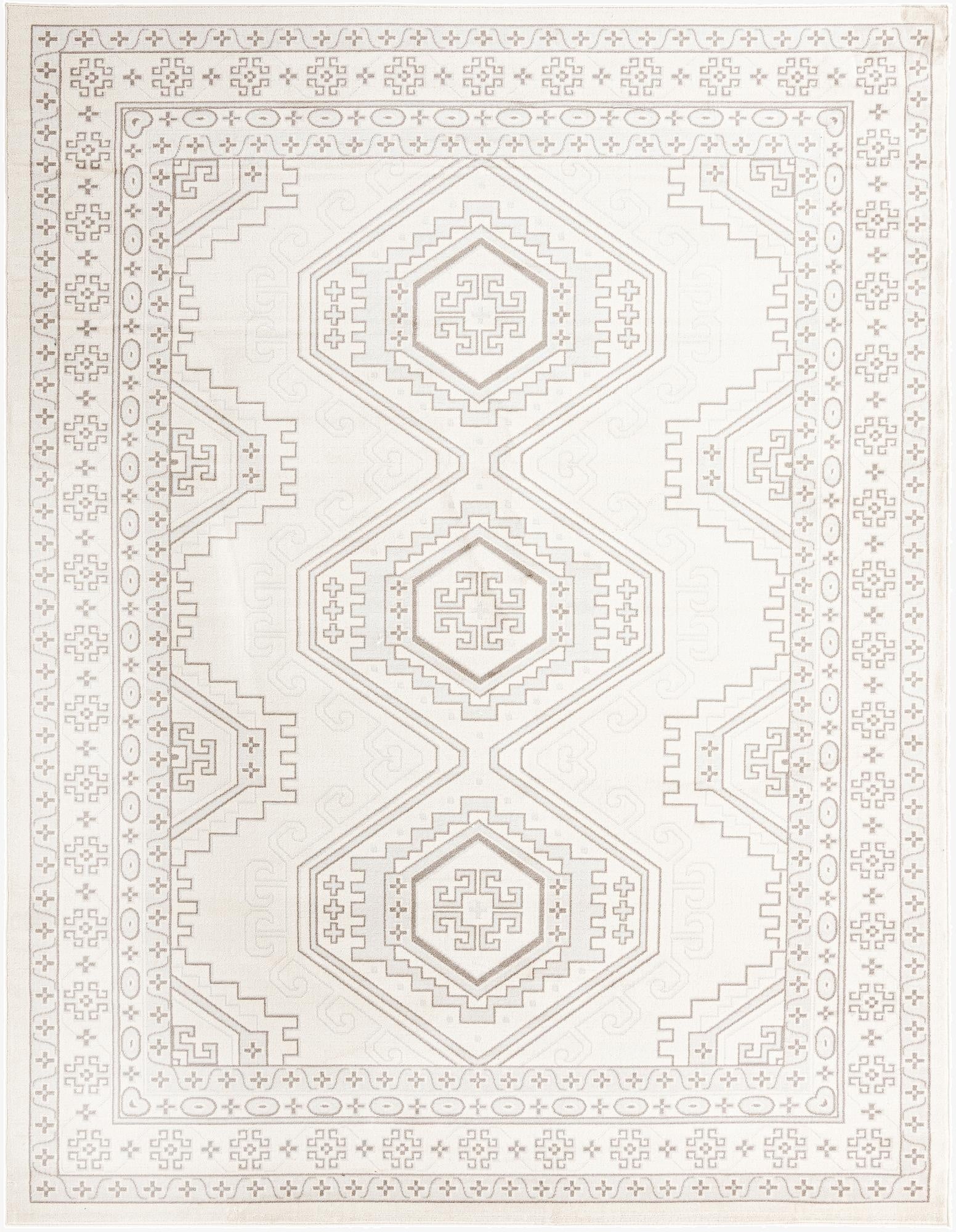 A 10x13 rectangular ivory and cream rug with a traditional tribal pattern, featuring geometric shapes and a decorative border.