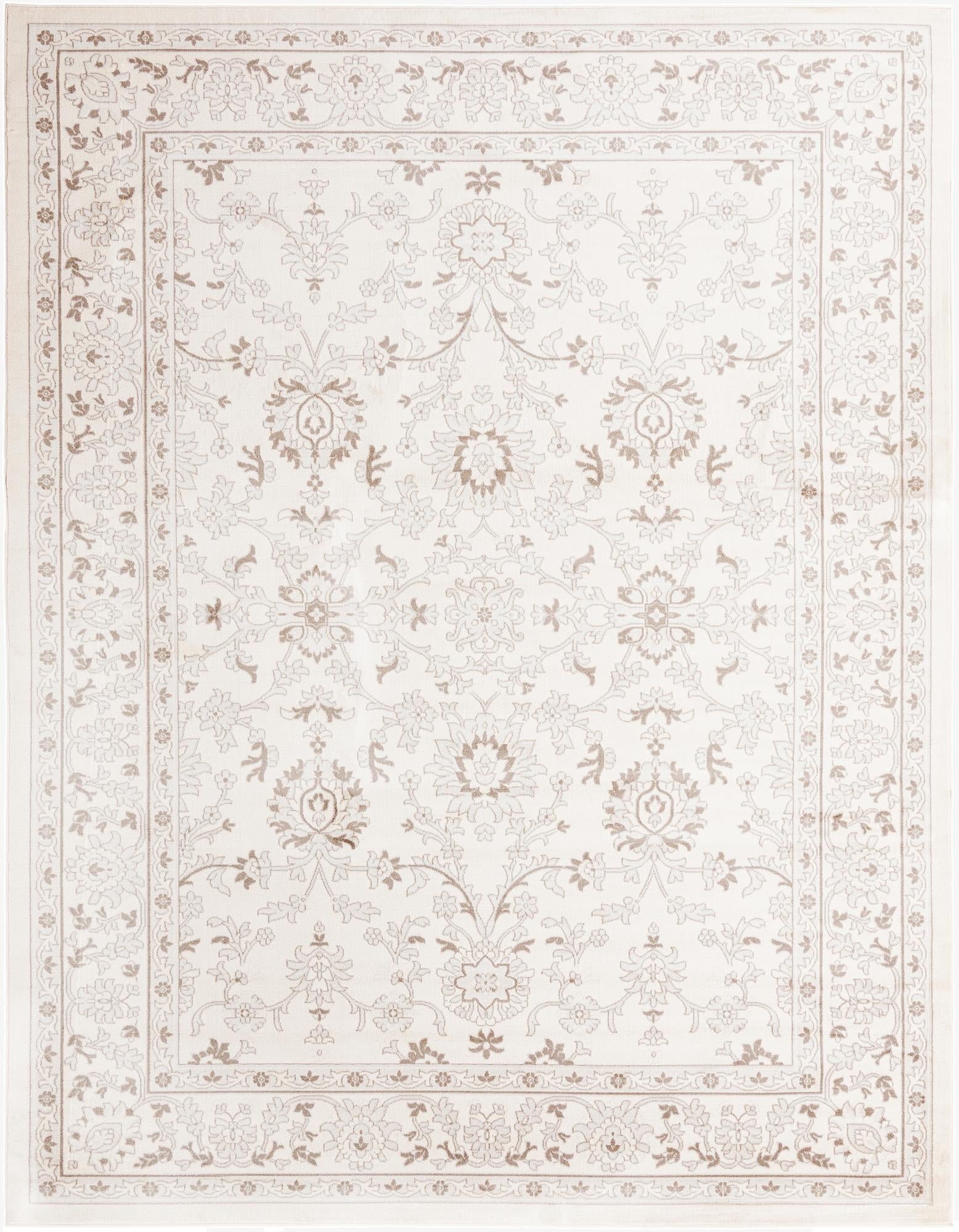 A 10x13 rectangular ivory and cream traditional floral rug with a detailed border, suitable for a living room.