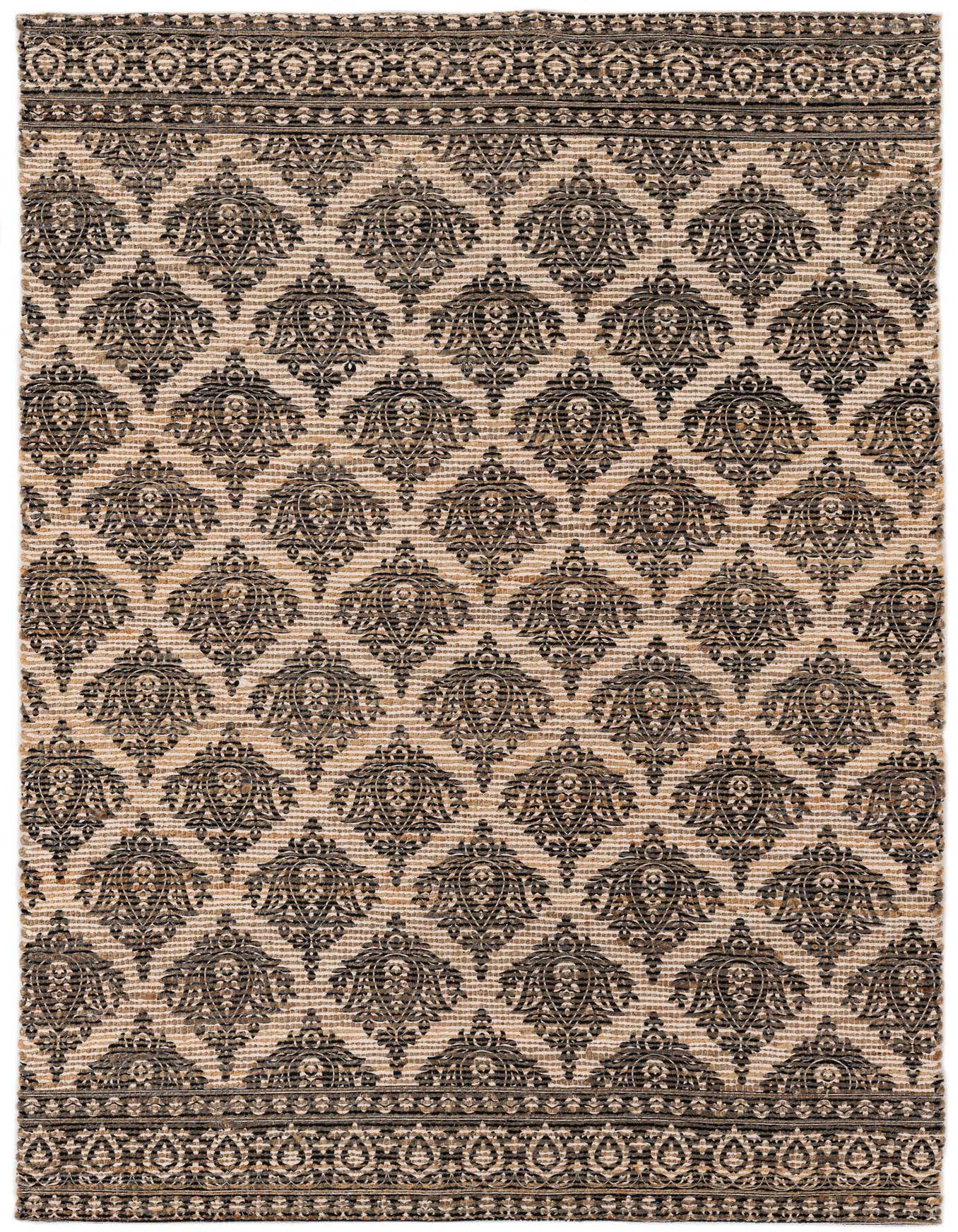 A 4x6 rectangular ivory and black chenille and jute rug with a repeating modern medallion pattern and decorative borders.