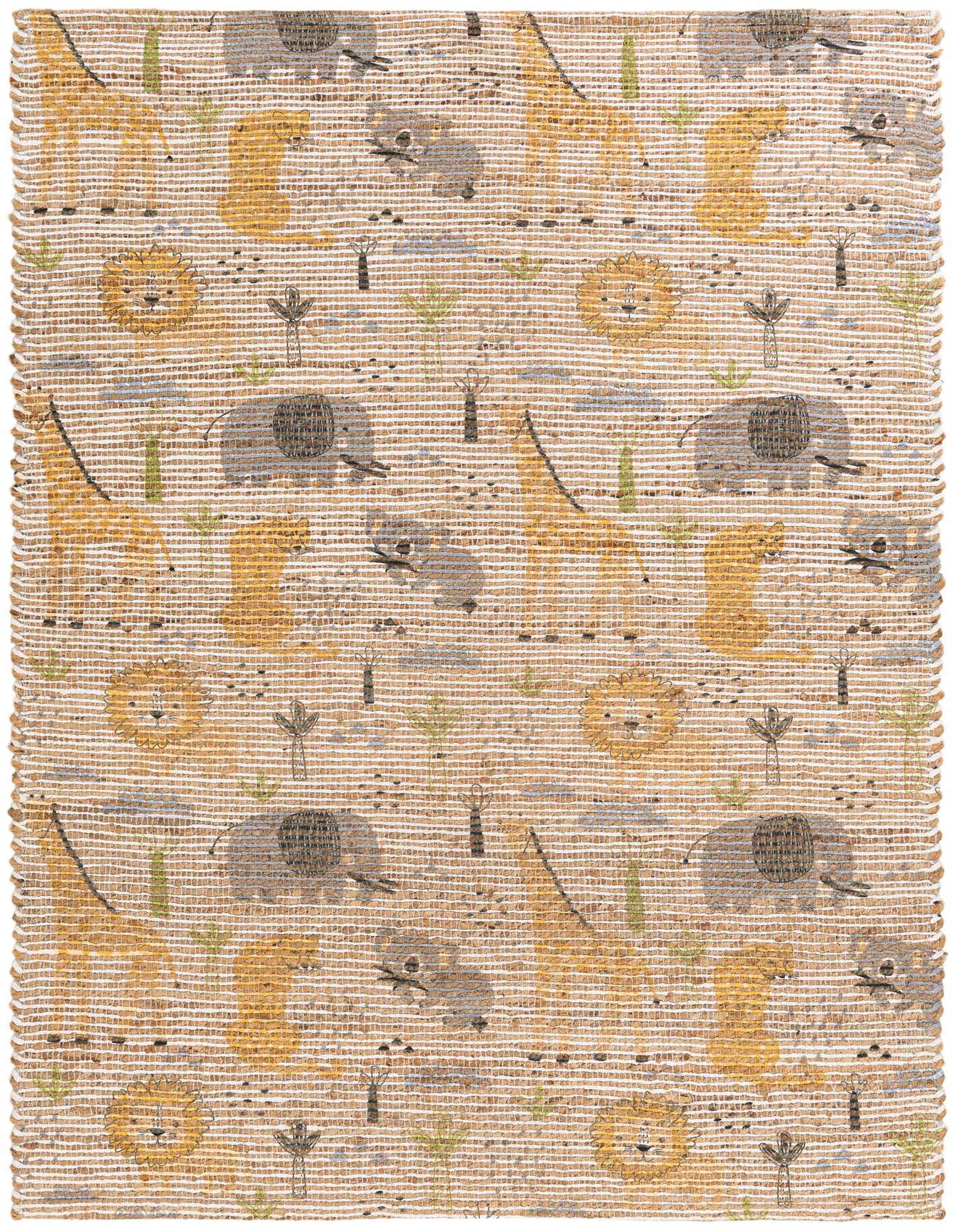 A 4x6 rectangular Chenille & Jute rug with a modern safari pattern featuring giraffes, lions, and elephants on an ivory and natural jute background.